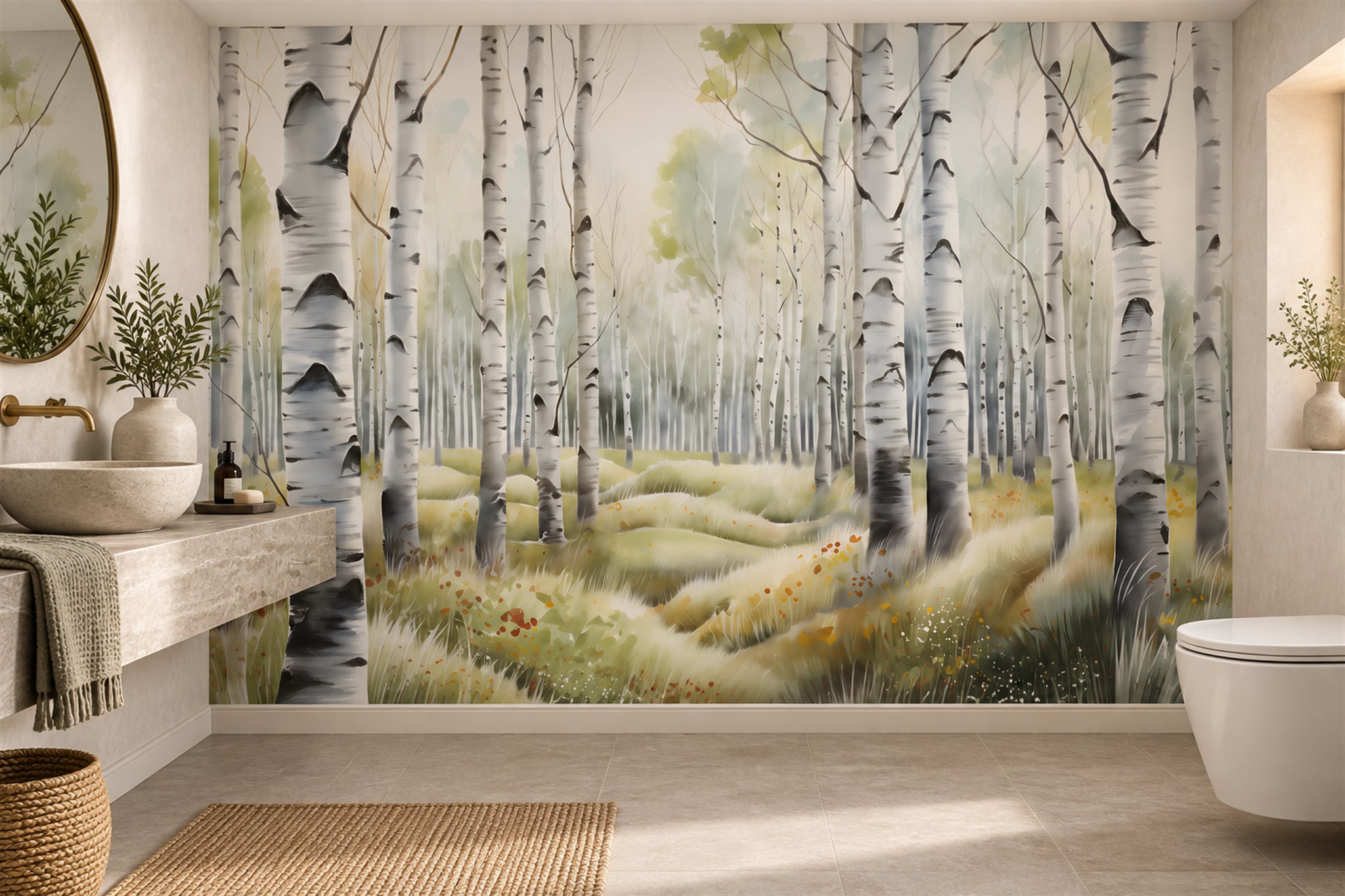 White Birch Scenic Wallpaper Mural Living-room-wallpaper-murals, Shown In A Living Room, Peel-and-stick Finish