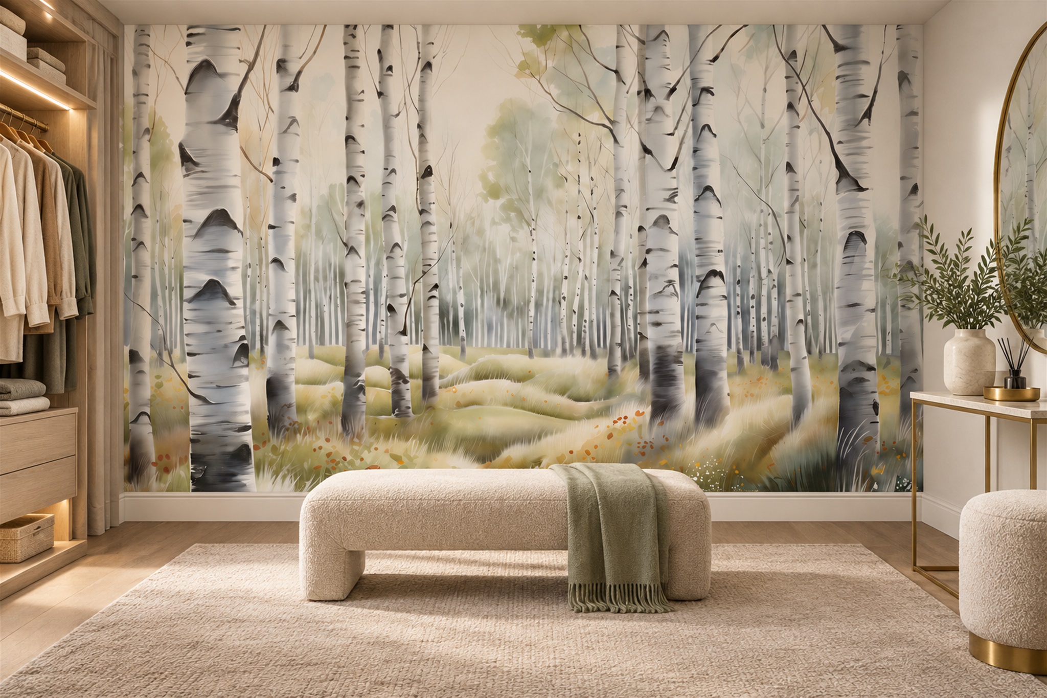 White Birch Scenic Wallpaper Mural Dining-room-wallpaper-murals, Peel-and-stick Finish