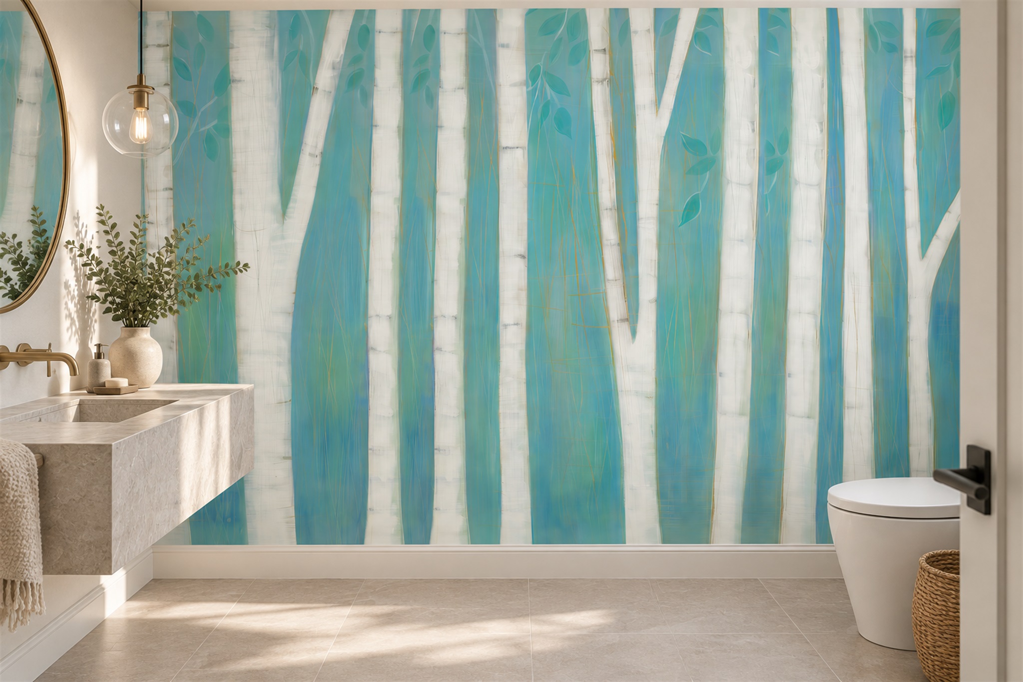 Teal Scenic Scenic Wallpaper Mural Dining-room-wallpaper-murals, Shown In A Dining Room, Peel-and-stick Finish