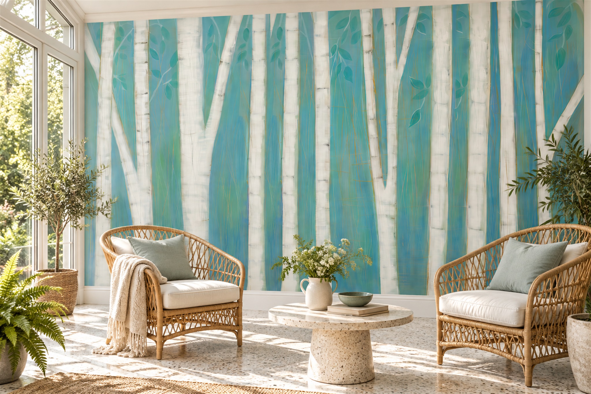 Teal Birch Trunk Forest Wallpaper Mural — Wallpaper Mural Design, Peel-and-stick Finish