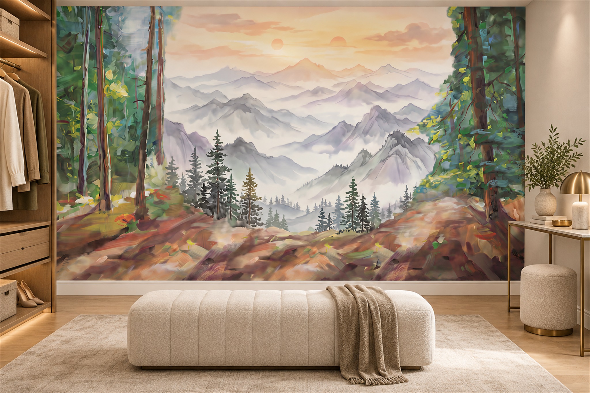 Misty Mountain Forest At Sunrise Wallpaper Mural — Installed Wallpaper Mural In A Bedroom, Peel-and-stick Finish