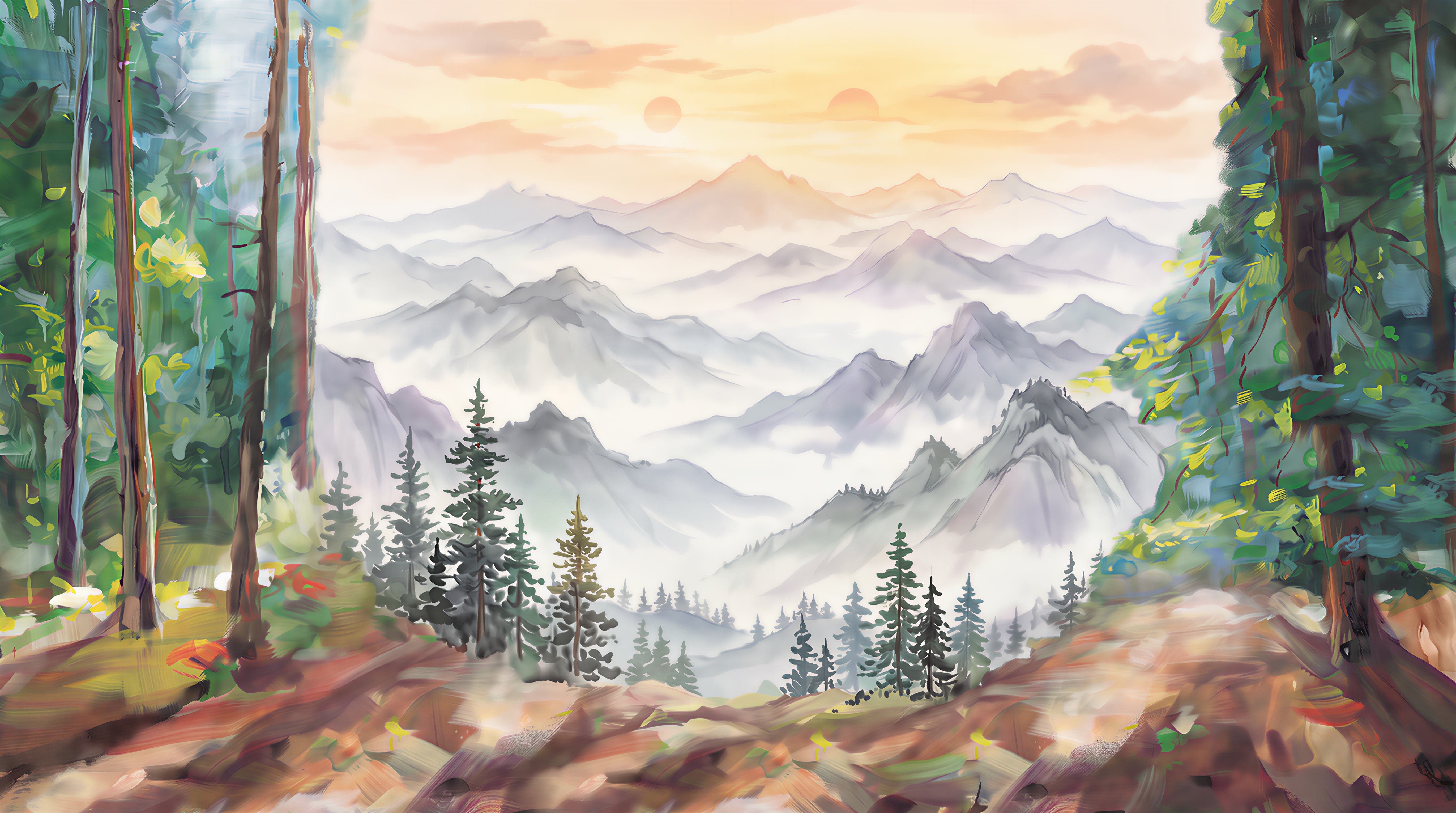 Green Mountain Scenic Layered Wallpaper Mural, Peel-and-stick Finish