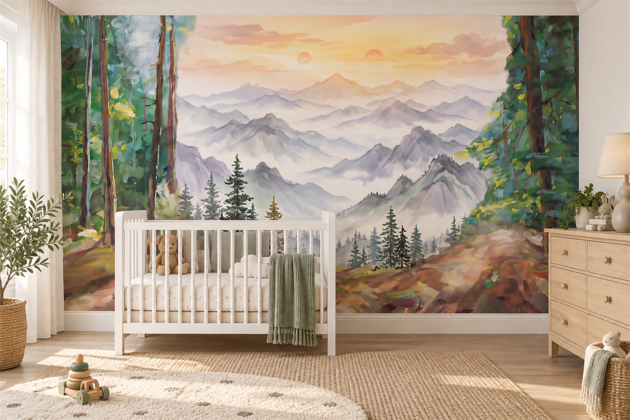 Green Mountain Scenic Layered Wallpaper Mural Dining-room-wallpaper-murals, Shown In A Dining Room, Peel-and-stick Finish