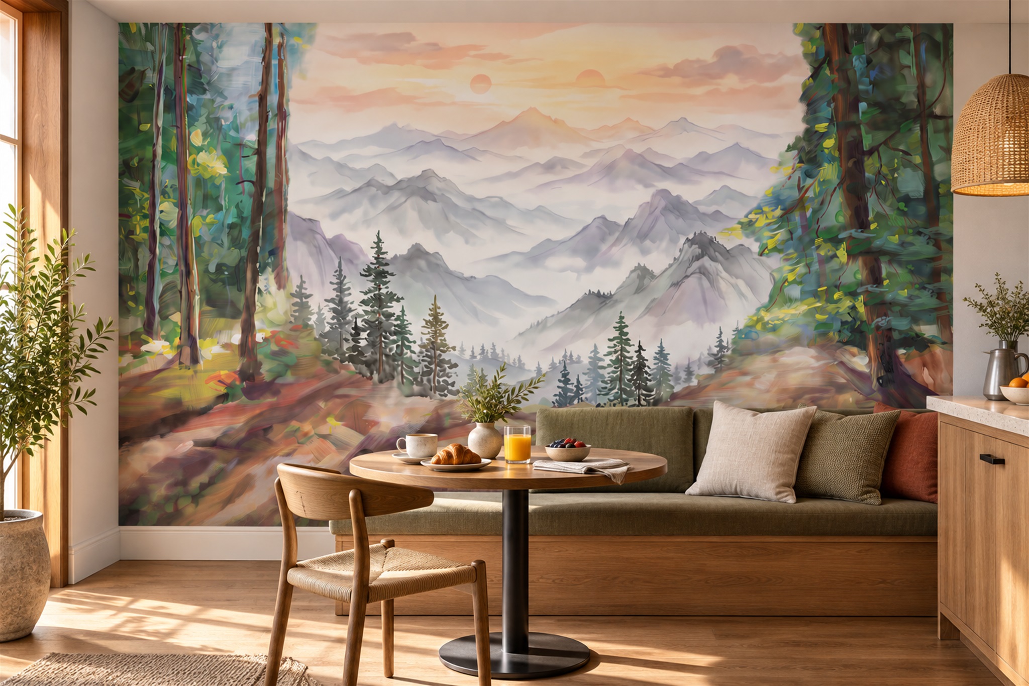 Green Mountain Scenic Layered Wallpaper Mural Home-office-wallpaper-murals, Shown In A Home Office, Peel-and-stick Finish