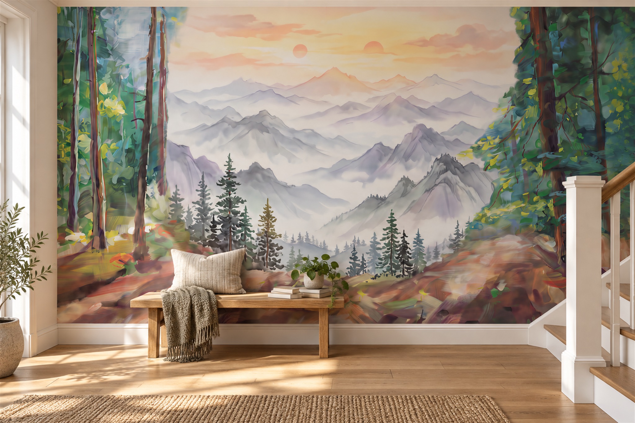 Green Mountain Scenic Layered Wallpaper Mural Bedroom-wallpaper-murals, Peel-and-stick Finish