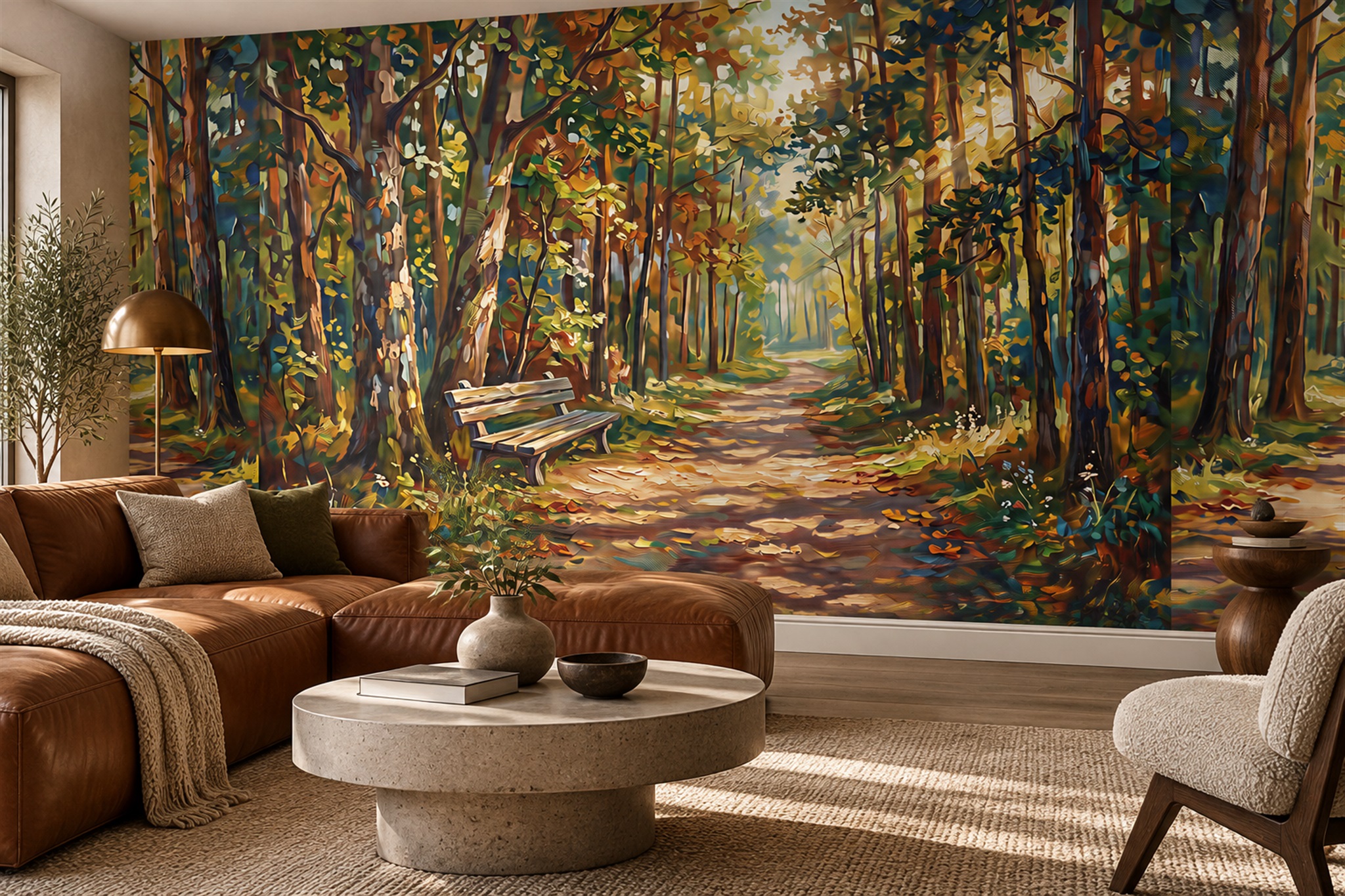 Sunlit Autumn Woodland Path Wallpaper Mural — Wallpaper Mural Design, Peel-and-stick Finish