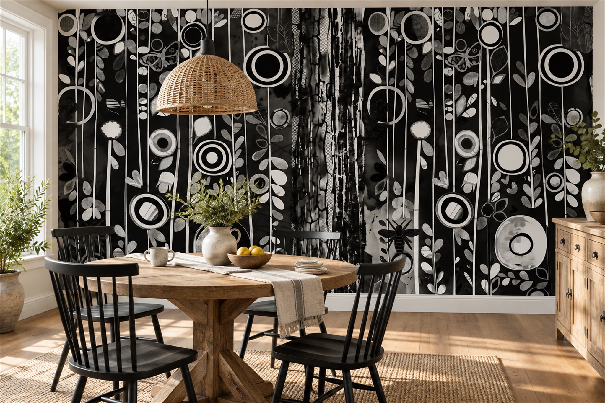 Black Geometric Abstract Layered Wallpaper Mural Dining-room-wallpaper-murals, Shown In A Dining Room, Peel-and-stick Finish
