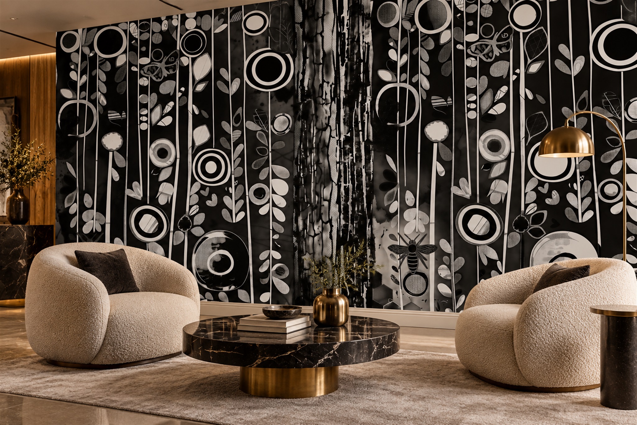 Black Geometric Abstract Layered Wallpaper Mural Accent-wall-wallpaper-murals, Peel-and-stick Finish