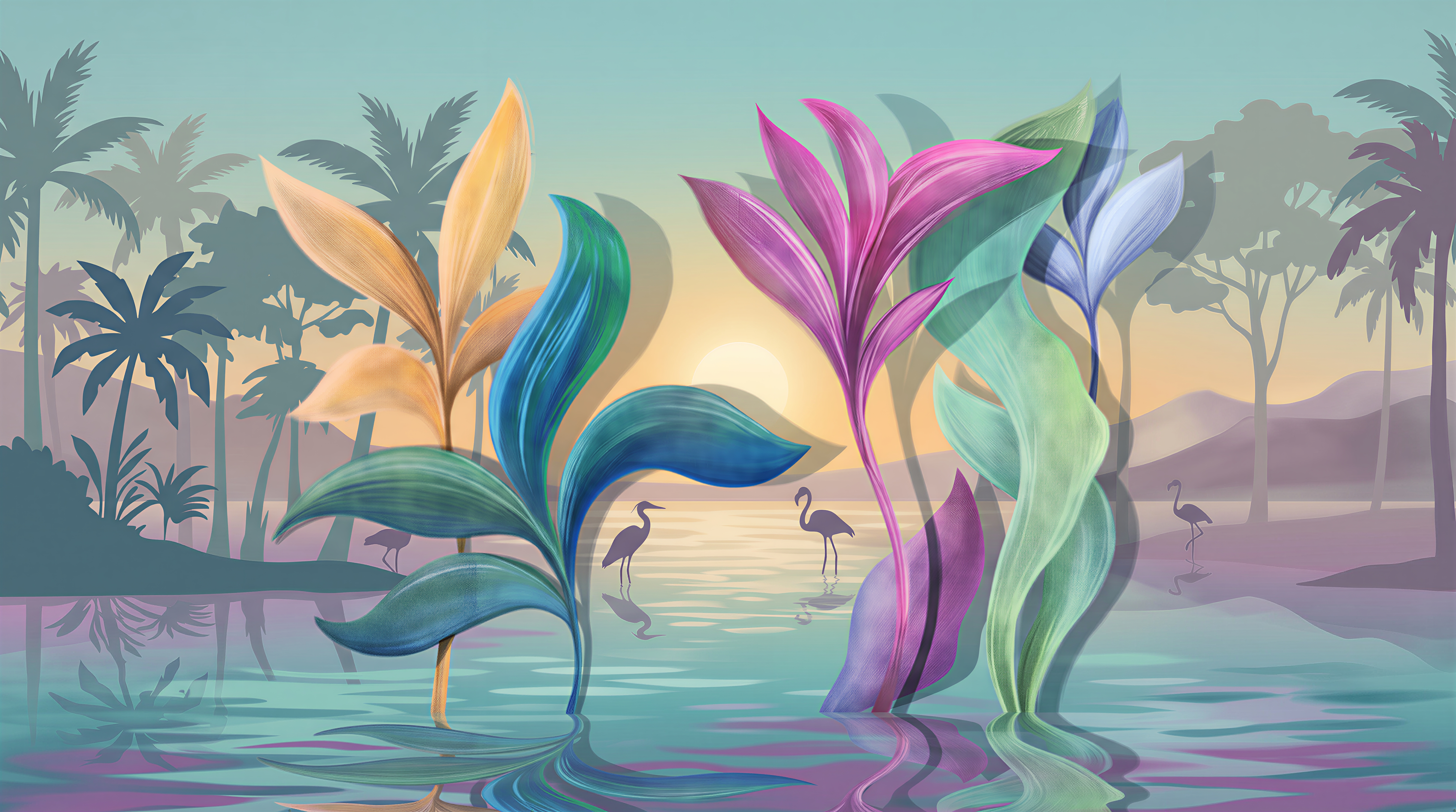 Teal Tropical Artful Painterly Wallpaper Mural, Peel-and-stick Finish