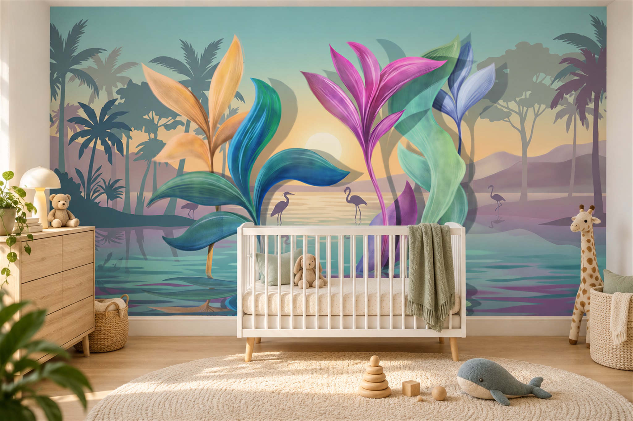 Teal Tropical Artful Painterly Wallpaper Mural Accent-wall-wallpaper-murals, Peel-and-stick Finish