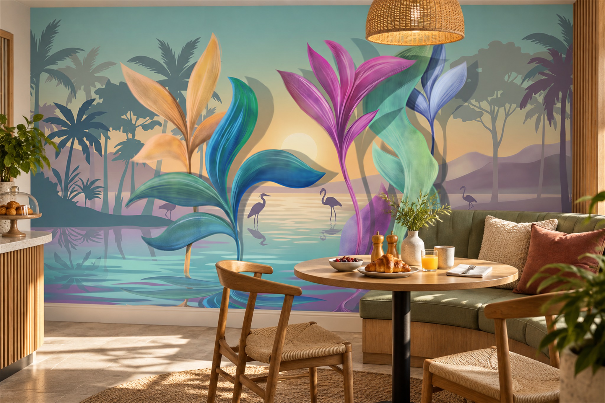 Teal Tropical Artful Painterly Wallpaper Mural Dining-room-wallpaper-murals, Shown In A Dining Room, Peel-and-stick Finish