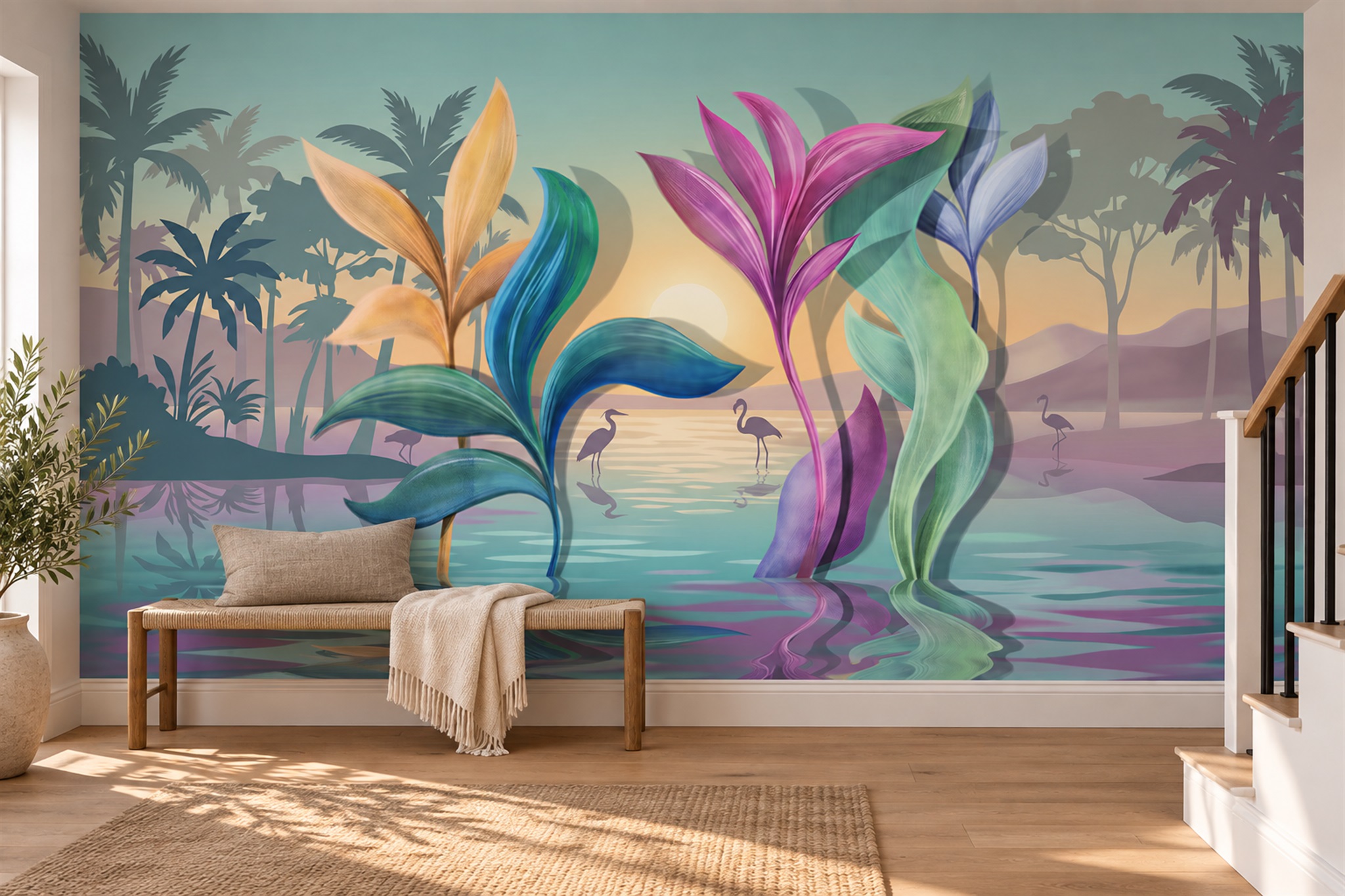 Teal Tropical Artful Painterly Wallpaper Mural Home-office-wallpaper-murals, Peel-and-stick Finish
