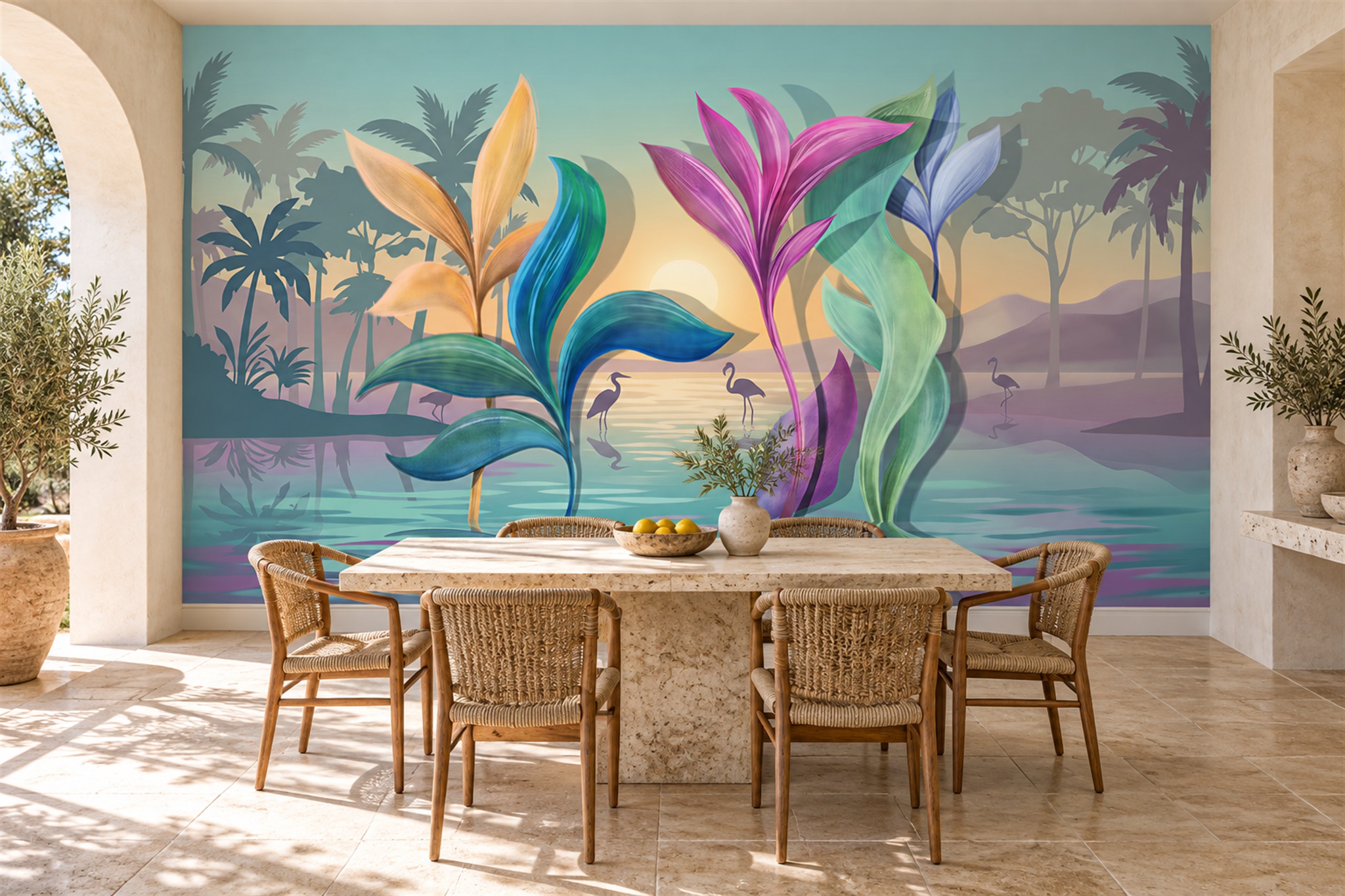 Tropical Lagoon With Oversized Leaves Wallpaper Mural — Wallpaper Mural Design, Peel-and-stick Finish