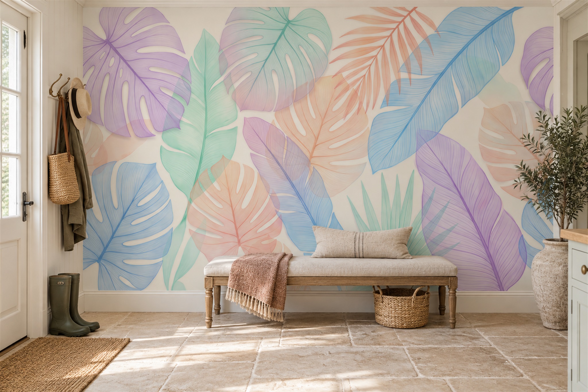 Pastel Leaf Botanical Wallpaper Mural Dining-room-wallpaper-murals, Shown In A Dining Room, Peel-and-stick Finish