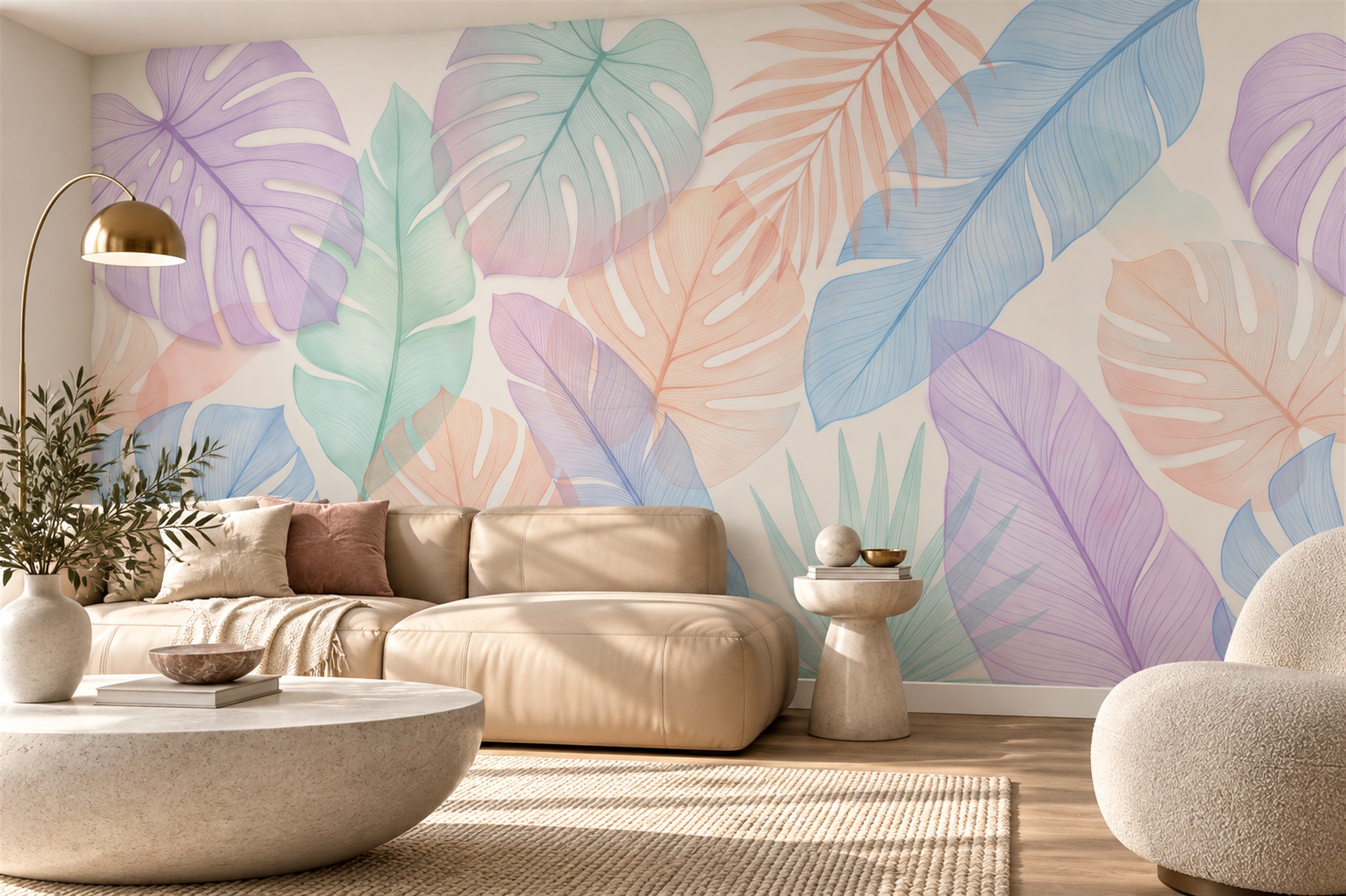 Pastel Leaf Botanical Wallpaper Mural Accent-wall-wallpaper-murals, Peel-and-stick Finish