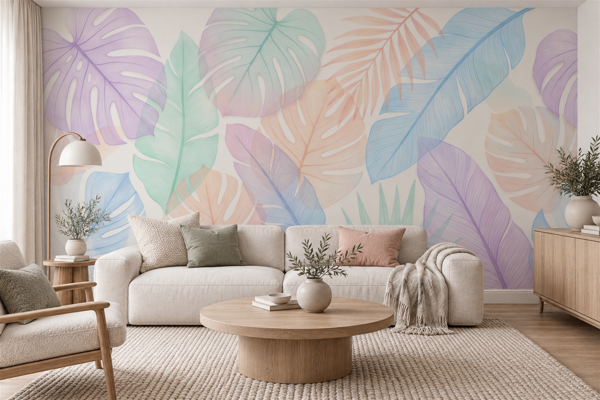 Pastel Monstera And Palm Leaf Wallpaper Mural — Installed Wallpaper Mural In A Bedroom, Peel-and-stick Finish