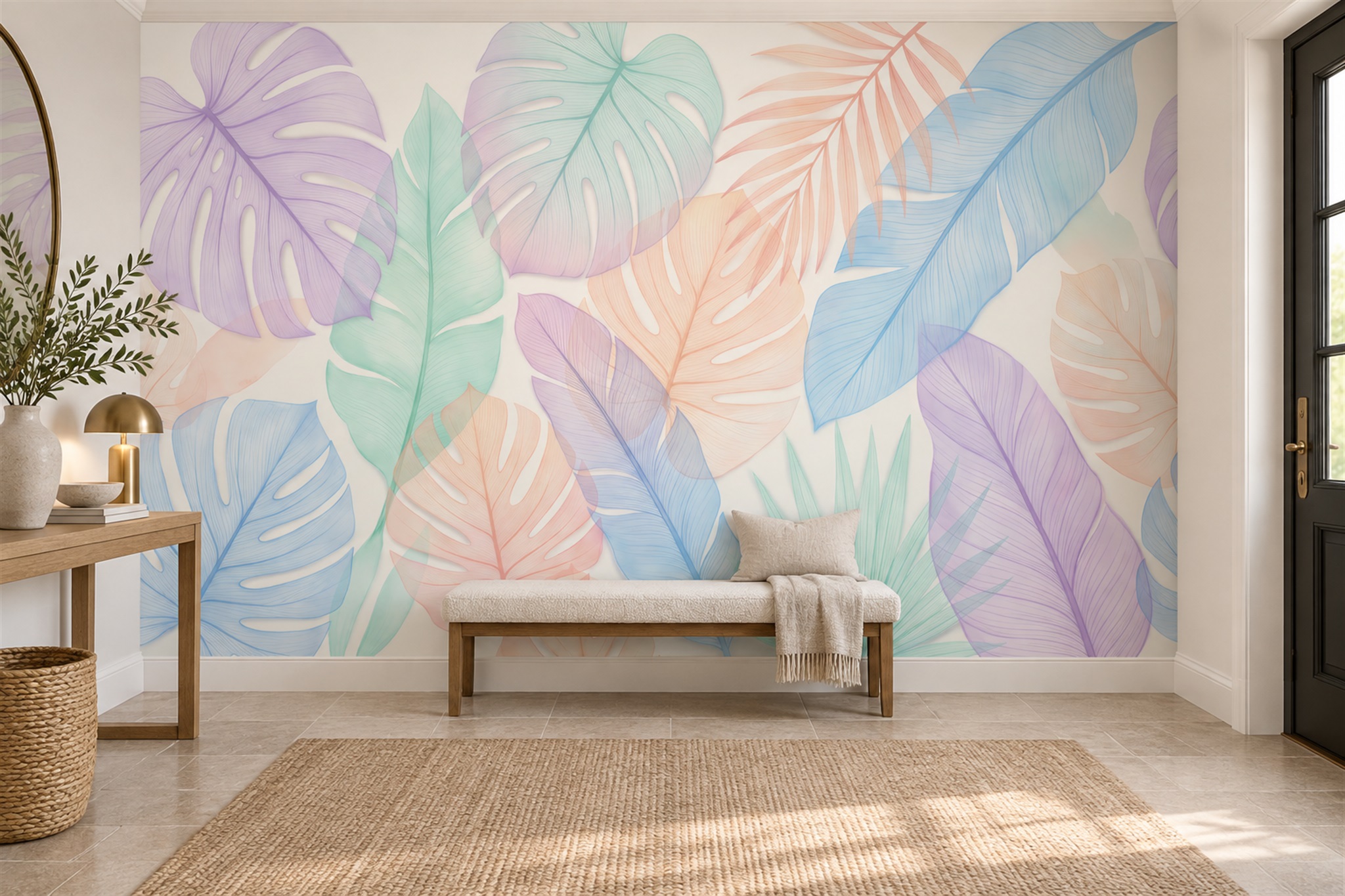Oversized pastel leaf mural on an entryway wall with a bench