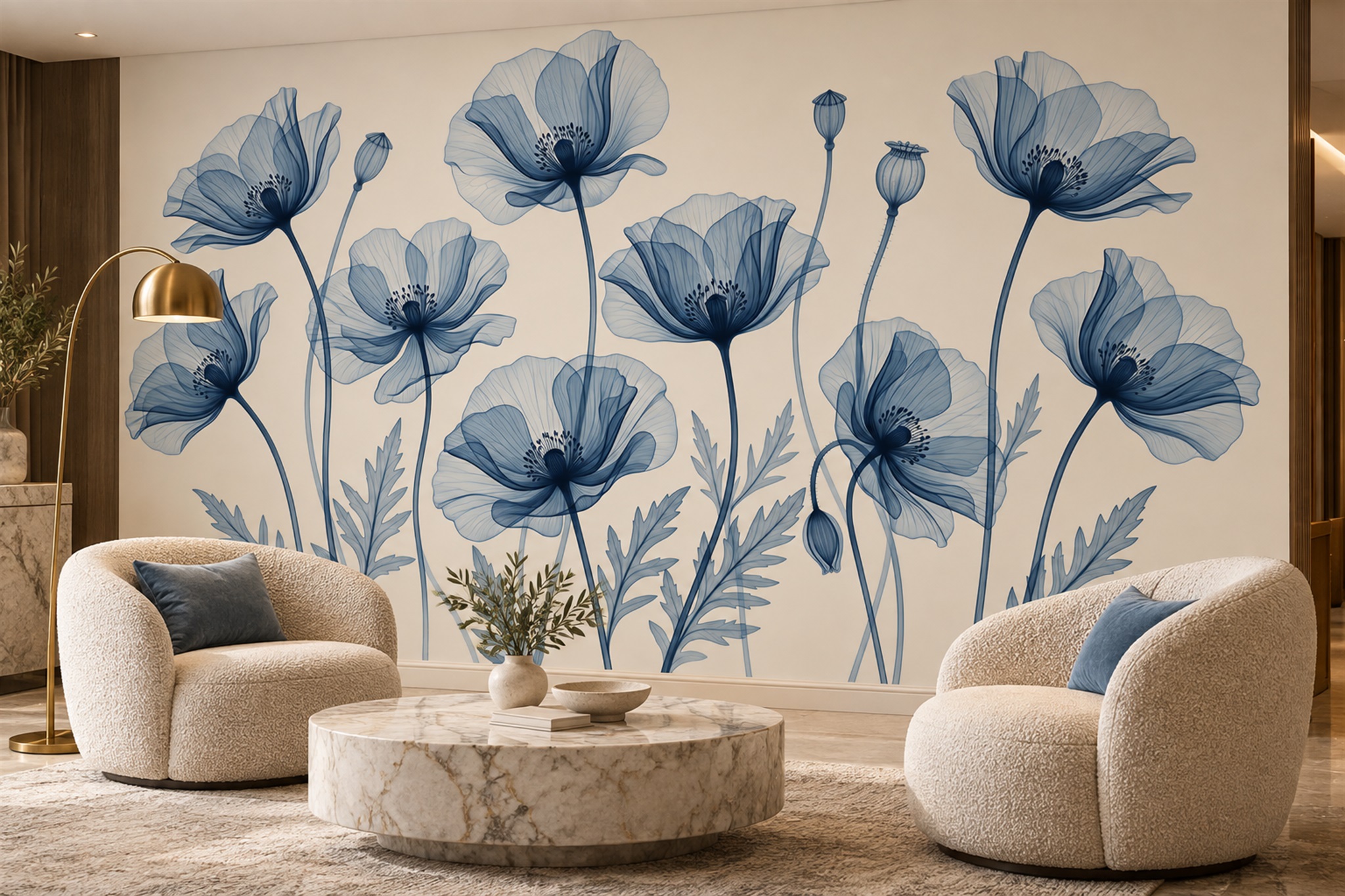 Blue Pattern Decorative Wallpaper Painterly Textured Wallpaper Mural Dining-room-wallpaper-murals, Peel-and-stick Finish