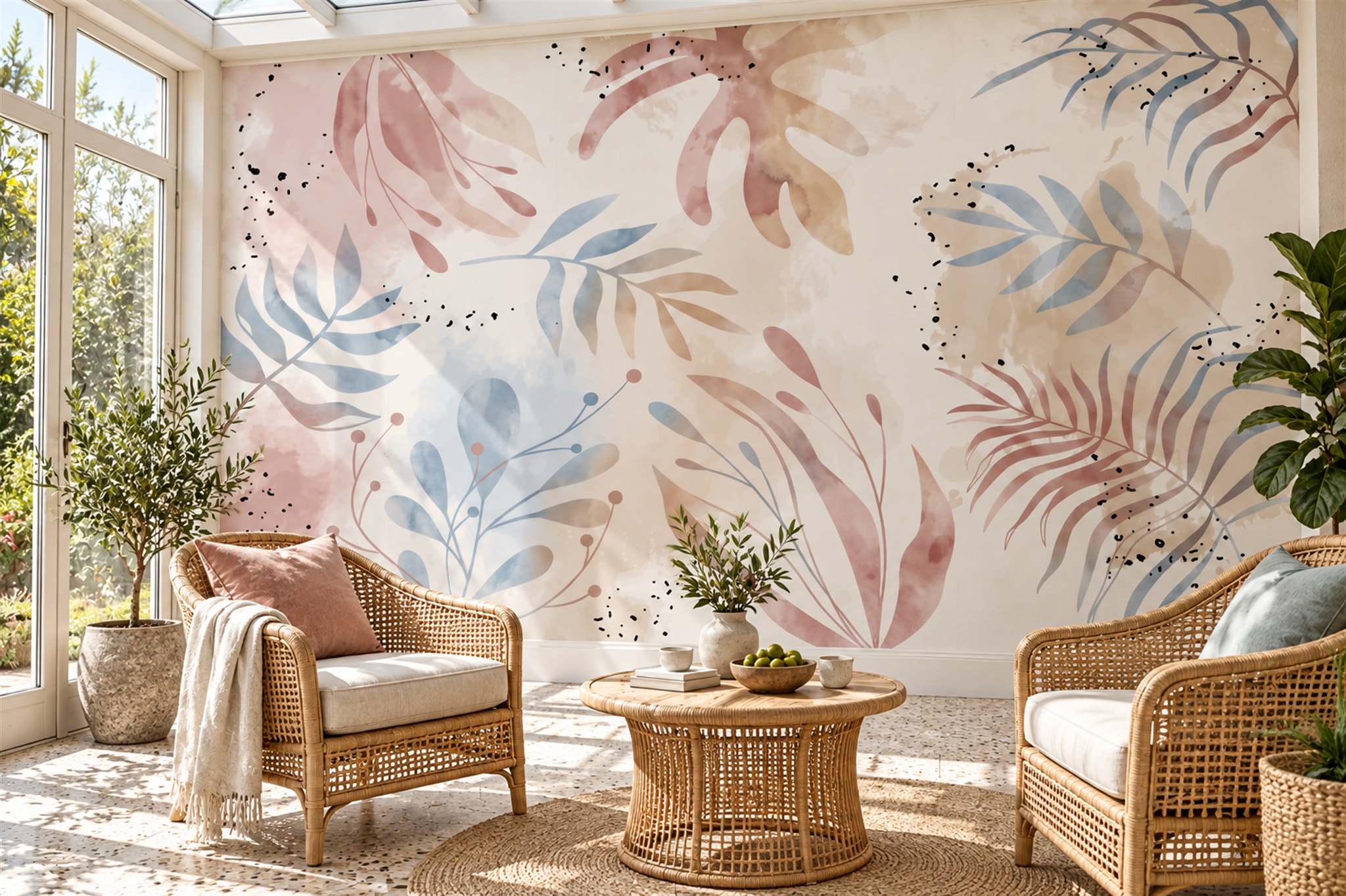 Pastel Watercolour Botanical Fronds Wallpaper Mural — Wallpaper Mural Design, Peel-and-stick Finish