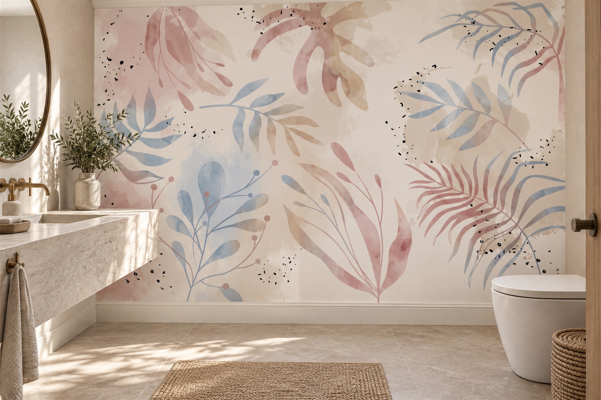 Pastel Leaf Botanical Decorative Wallpaper Mural Accent-wall-wallpaper-murals, Peel-and-stick Finish