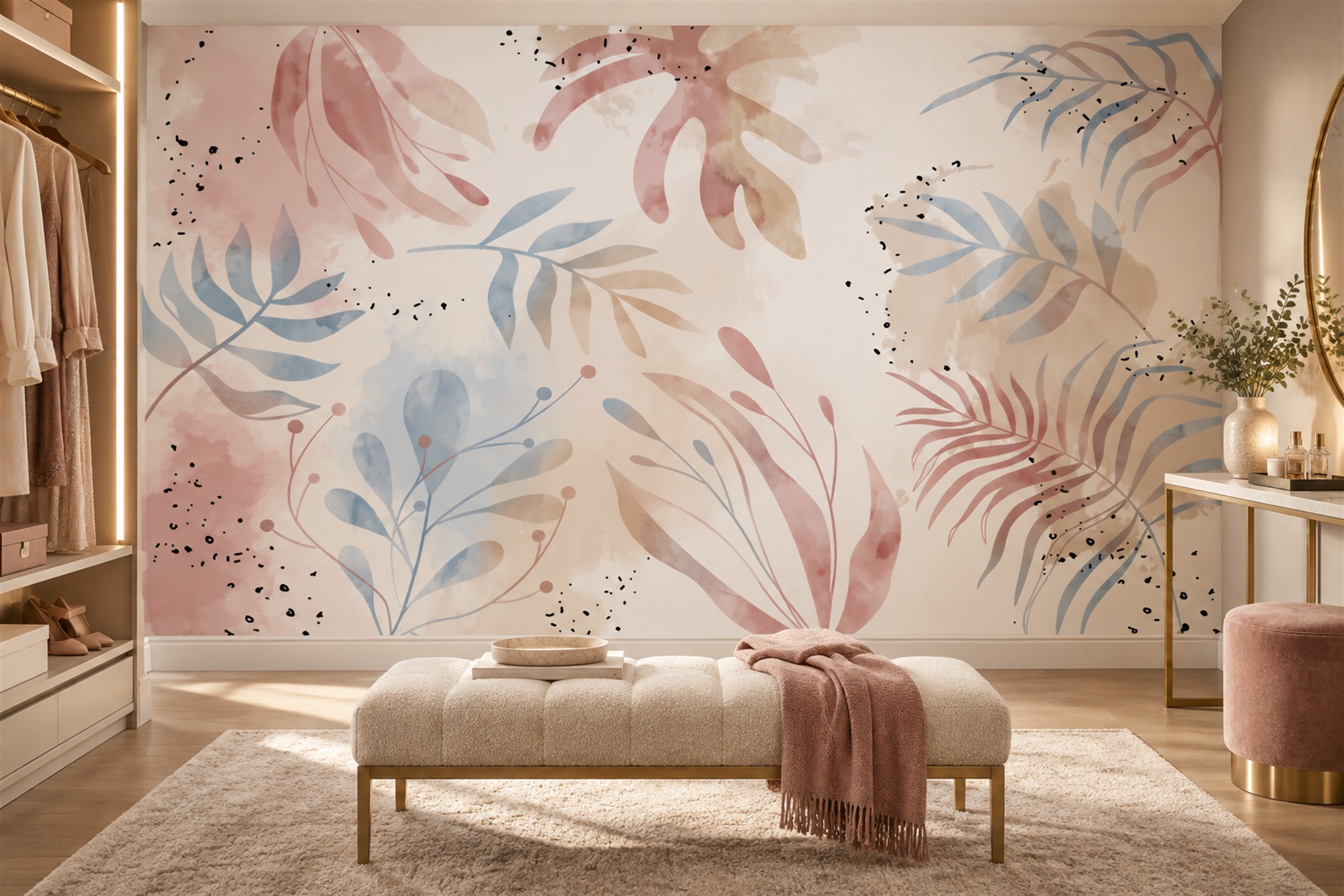 Pink and blue botanical mural on a furnished room wall