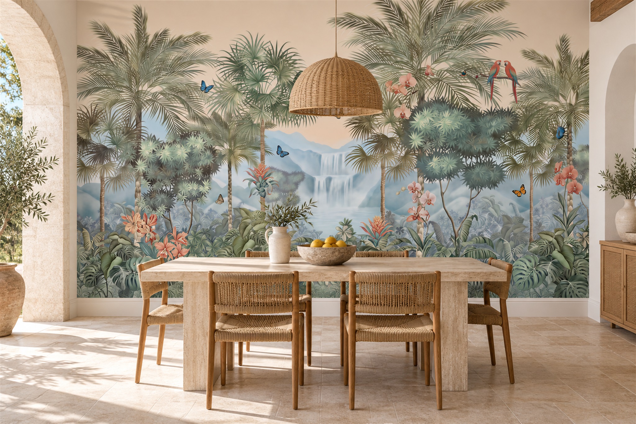 Green Palm Artful Painterly Wallpaper Mural Home-office-wallpaper-murals, Shown In A Home Office, Peel-and-stick Finish