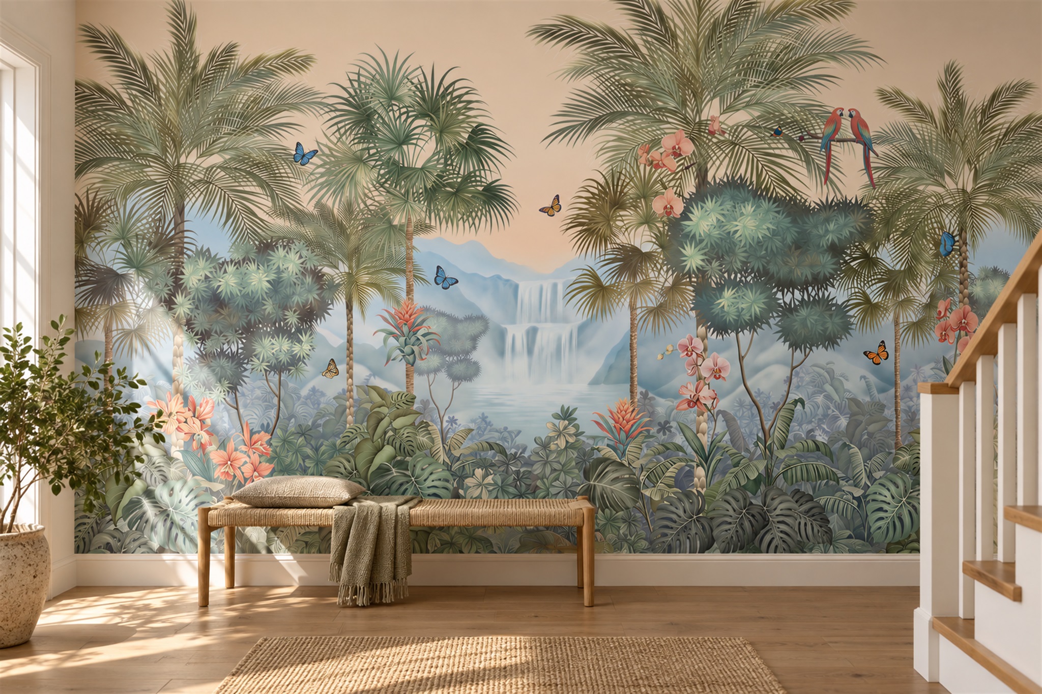 Green Palm Artful Painterly Wallpaper Mural Bedroom-wallpaper-murals, Peel-and-stick Finish