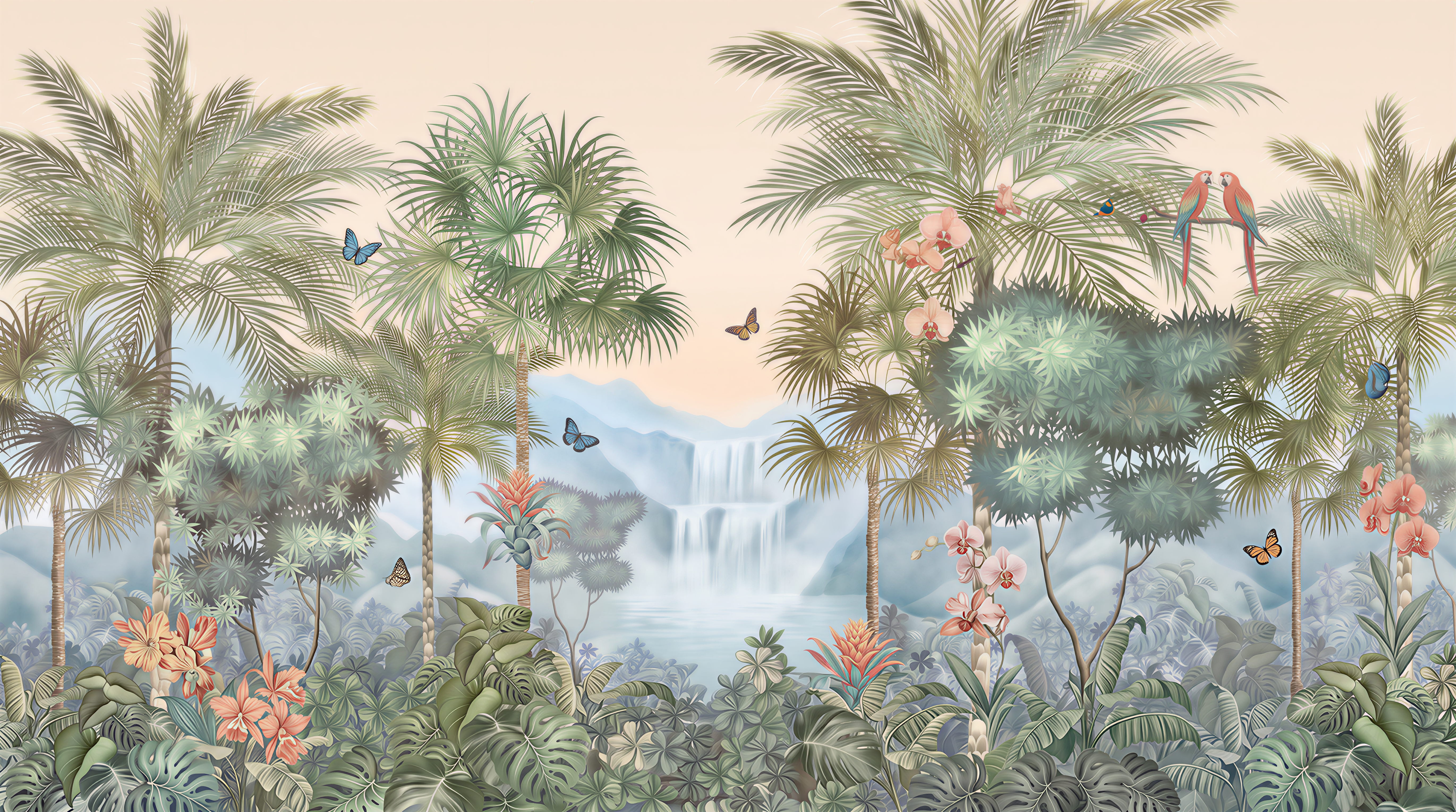 Green Palm Artful Painterly Wallpaper Mural, Peel-and-stick Finish