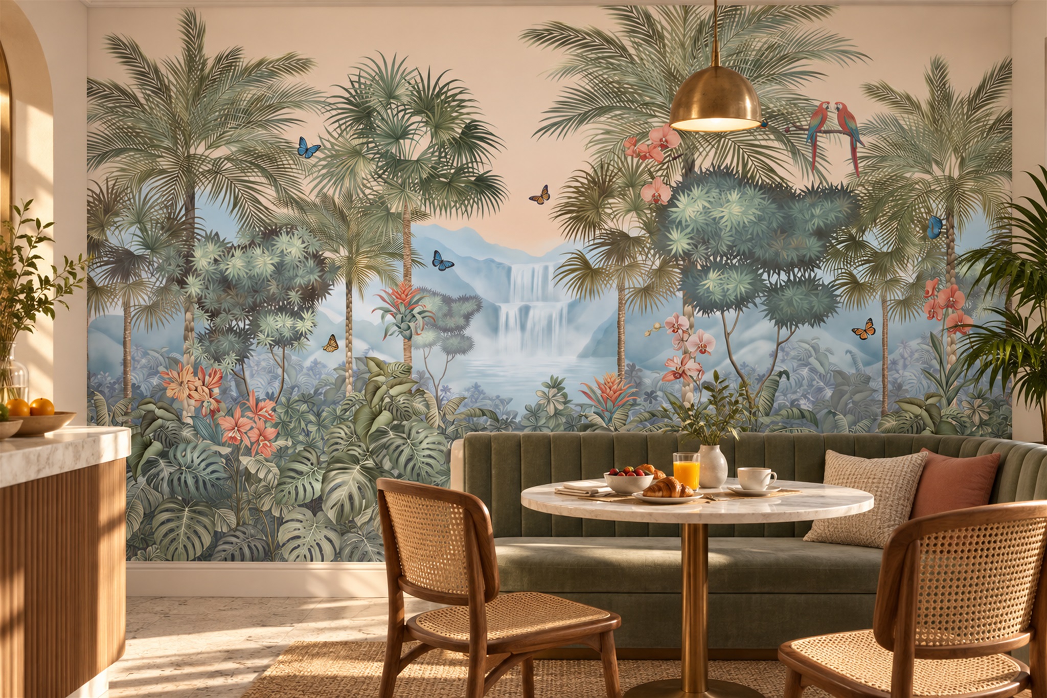 Tropical Palm Waterfall With Parrots And Butterflies Wallpaper Mural — Wallpaper Mural Design, Peel-and-stick Finish