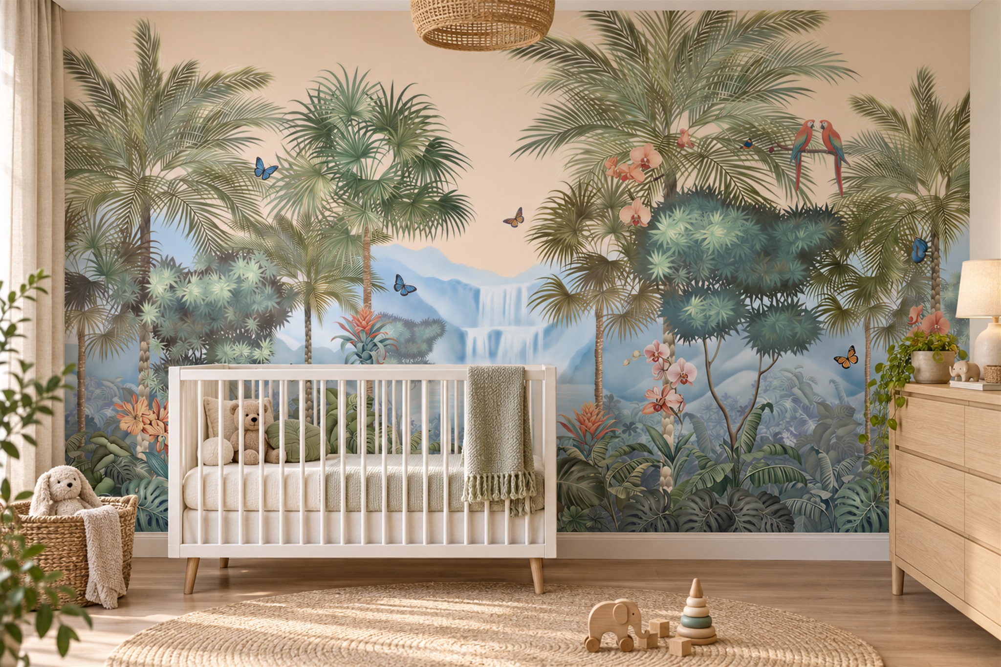 Green Palm Artful Painterly Wallpaper Mural Accent-wall-wallpaper-murals, Peel-and-stick Finish