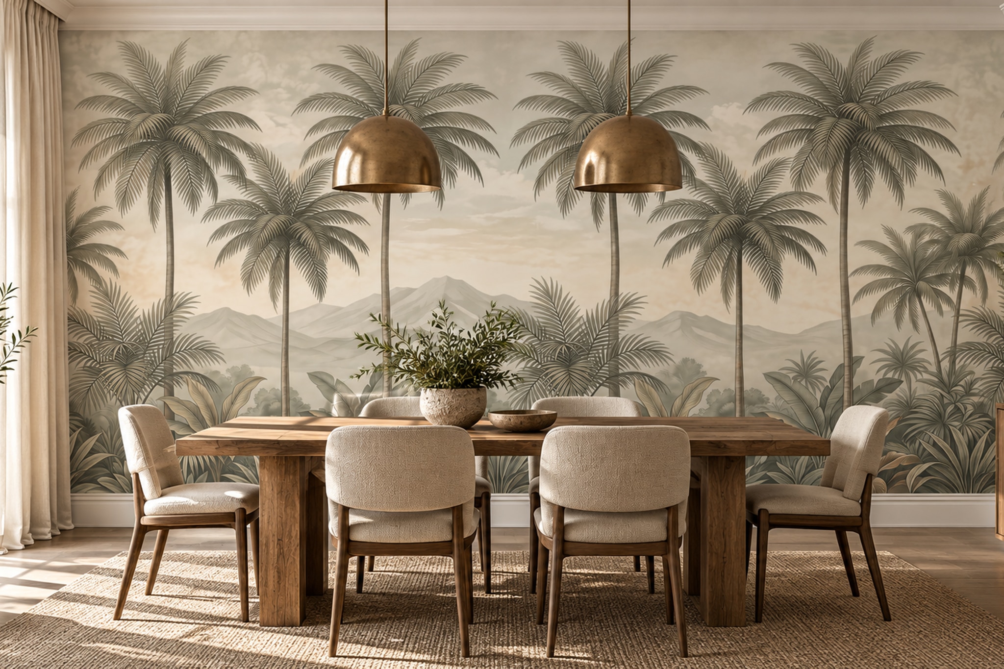Beige Palm Artful Layered Wallpaper Mural Dining-room-wallpaper-murals, Shown In A Dining Room, Peel-and-stick Finish