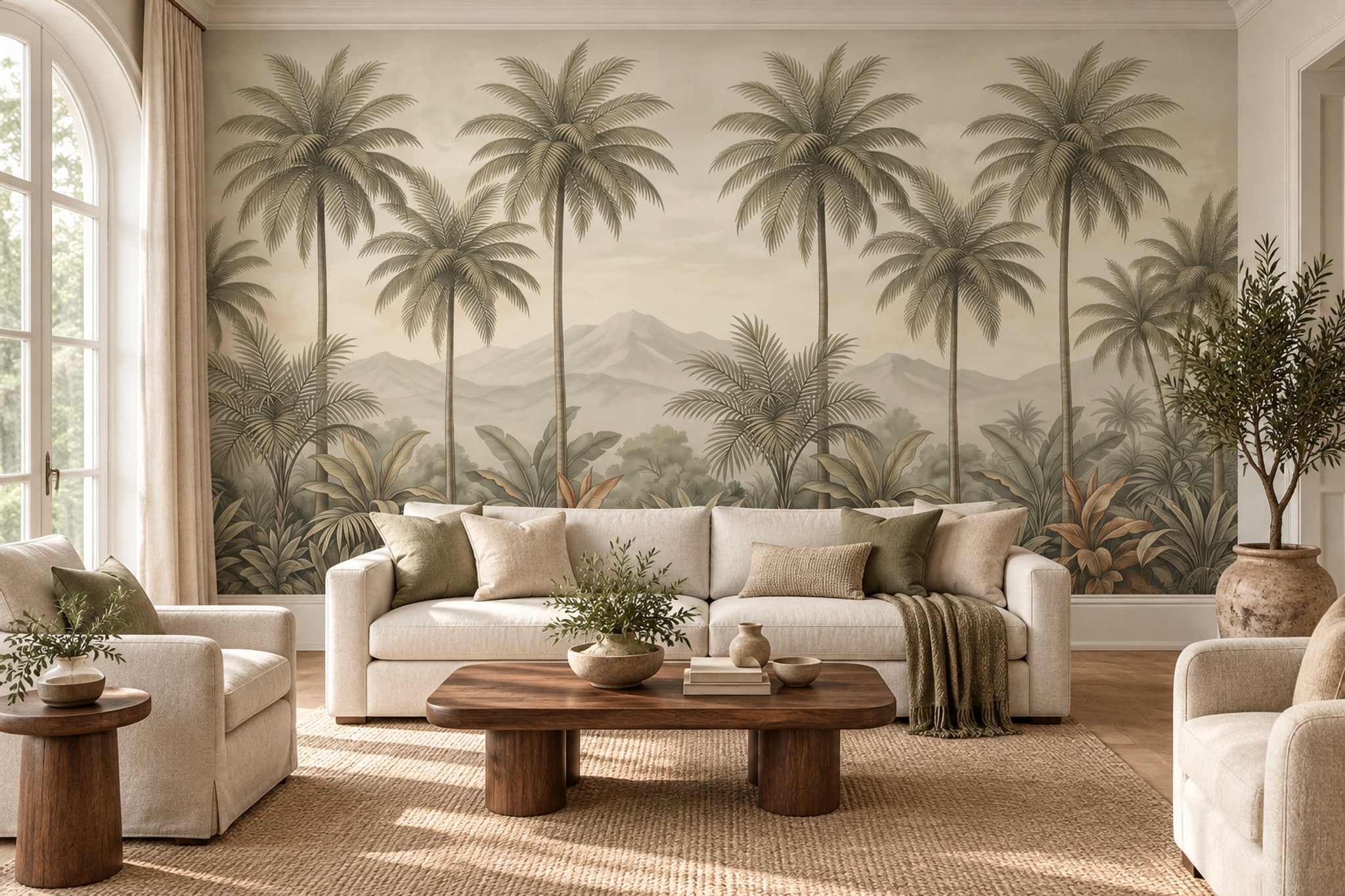 Beige Palm Artful Layered Wallpaper Mural Accent-wall-wallpaper-murals, Peel-and-stick Finish