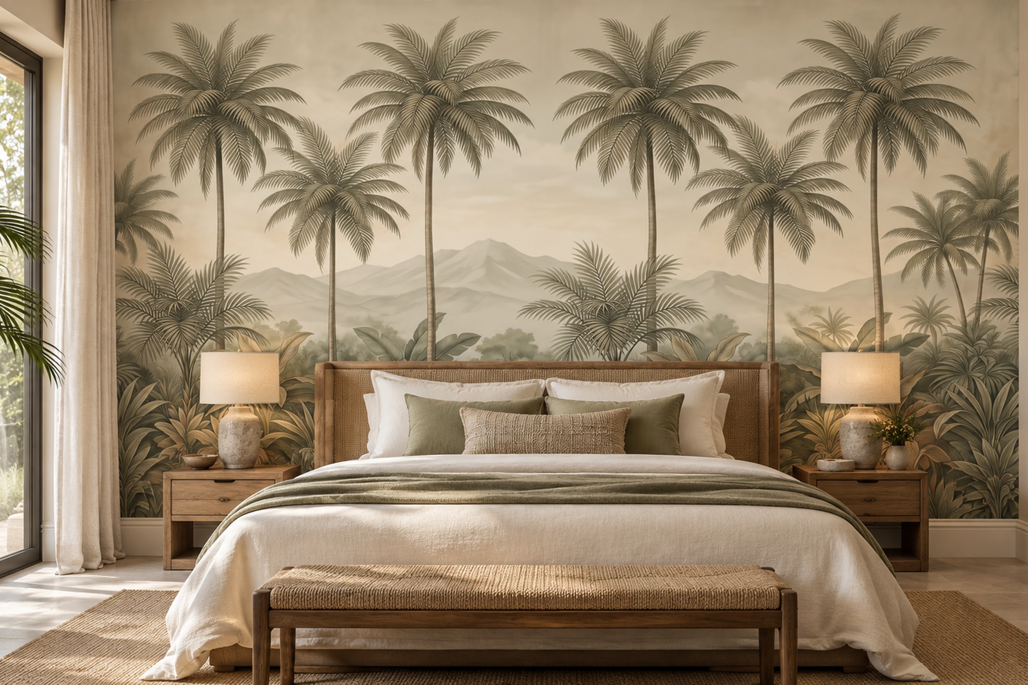 Beige Palm Artful Layered Wallpaper Mural Bedroom-wallpaper-murals, Peel-and-stick Finish