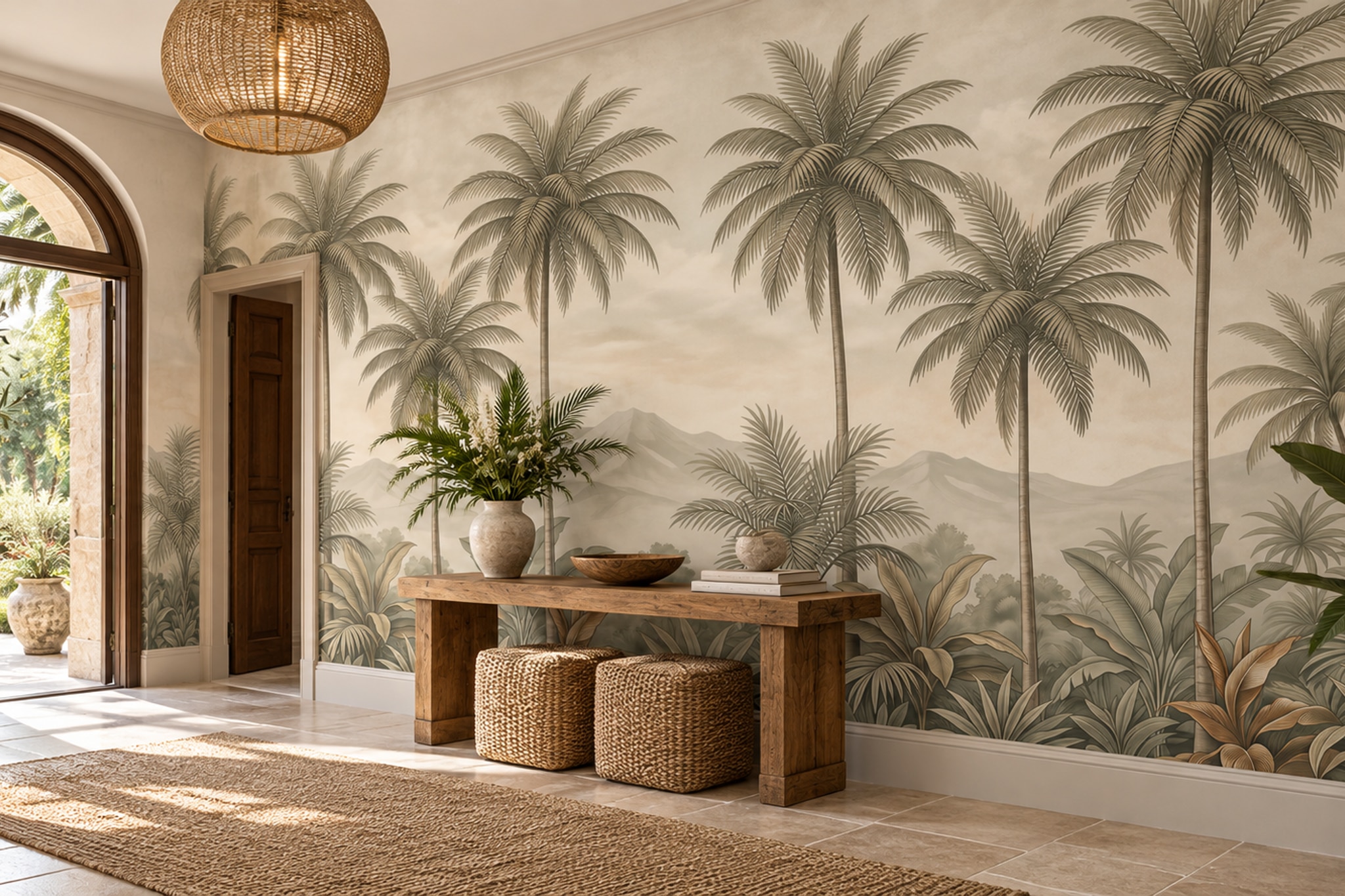 Beige Palm Artful Layered Wallpaper Mural Accent-wall-wallpaper-murals, Peel-and-stick Finish