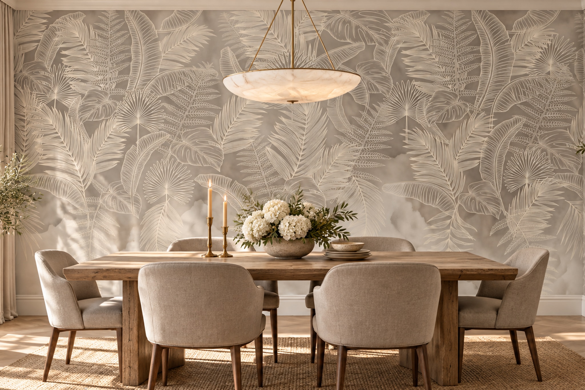Beige Leaf Botanical Painterly Wallpaper Mural Dining-room-wallpaper-murals, Shown In A Dining Room, Peel-and-stick Finish