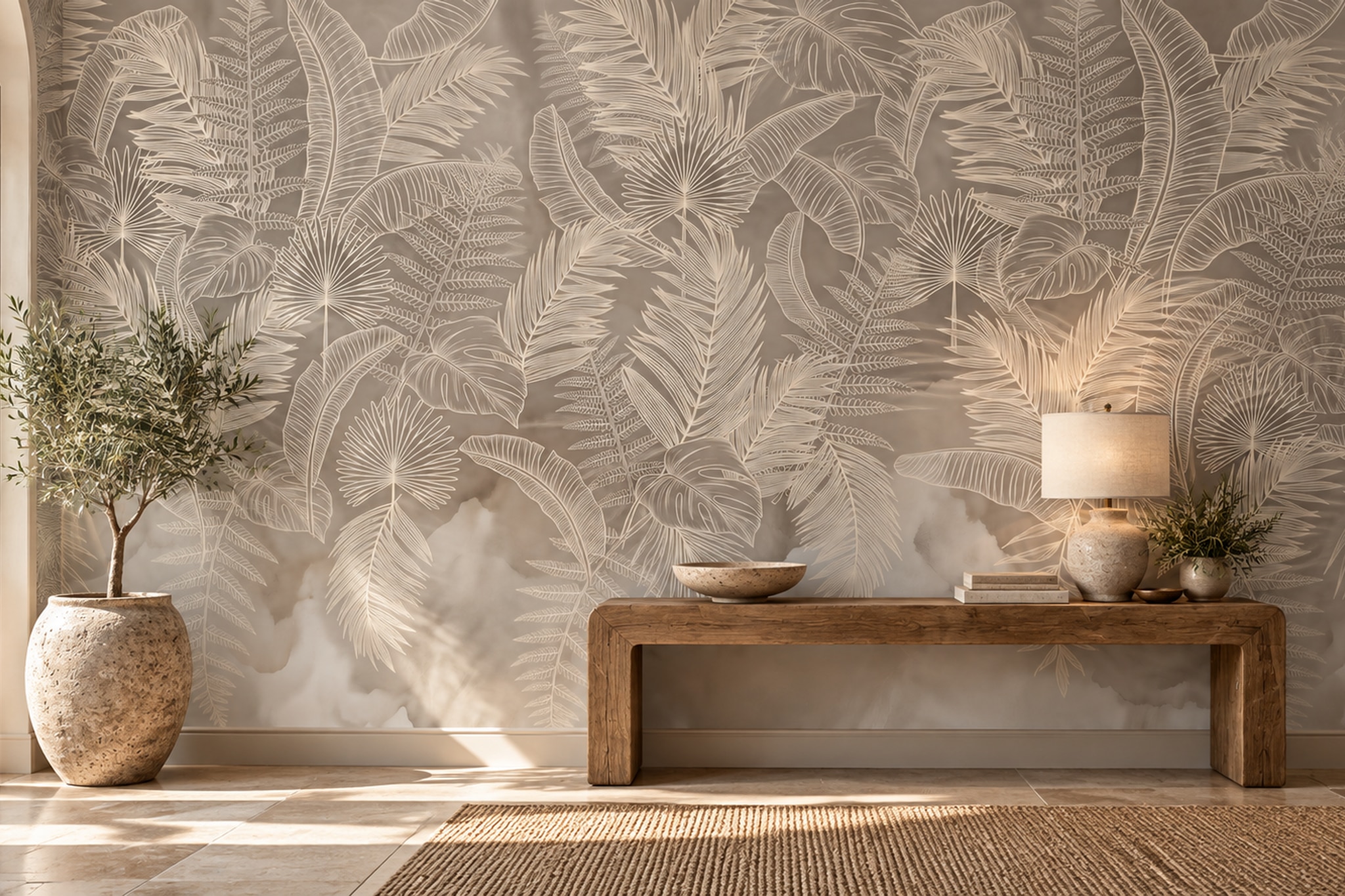 Ivory Line-art Tropical Leaves On Taupe Wallpaper Mural — Installed Wallpaper Mural In A Bedroom, Peel-and-stick Finish