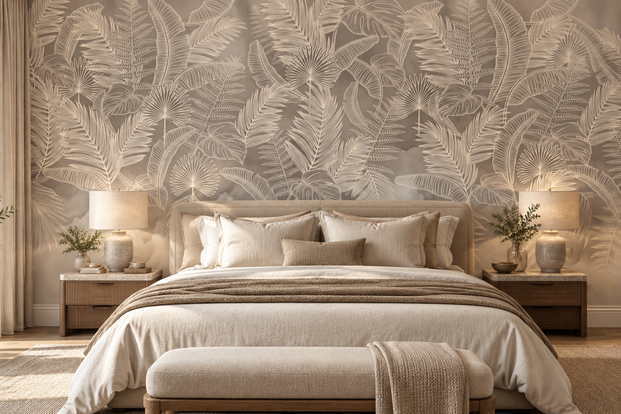 Beige Leaf Botanical Painterly Wallpaper Mural Bedroom-wallpaper-murals, Peel-and-stick Finish