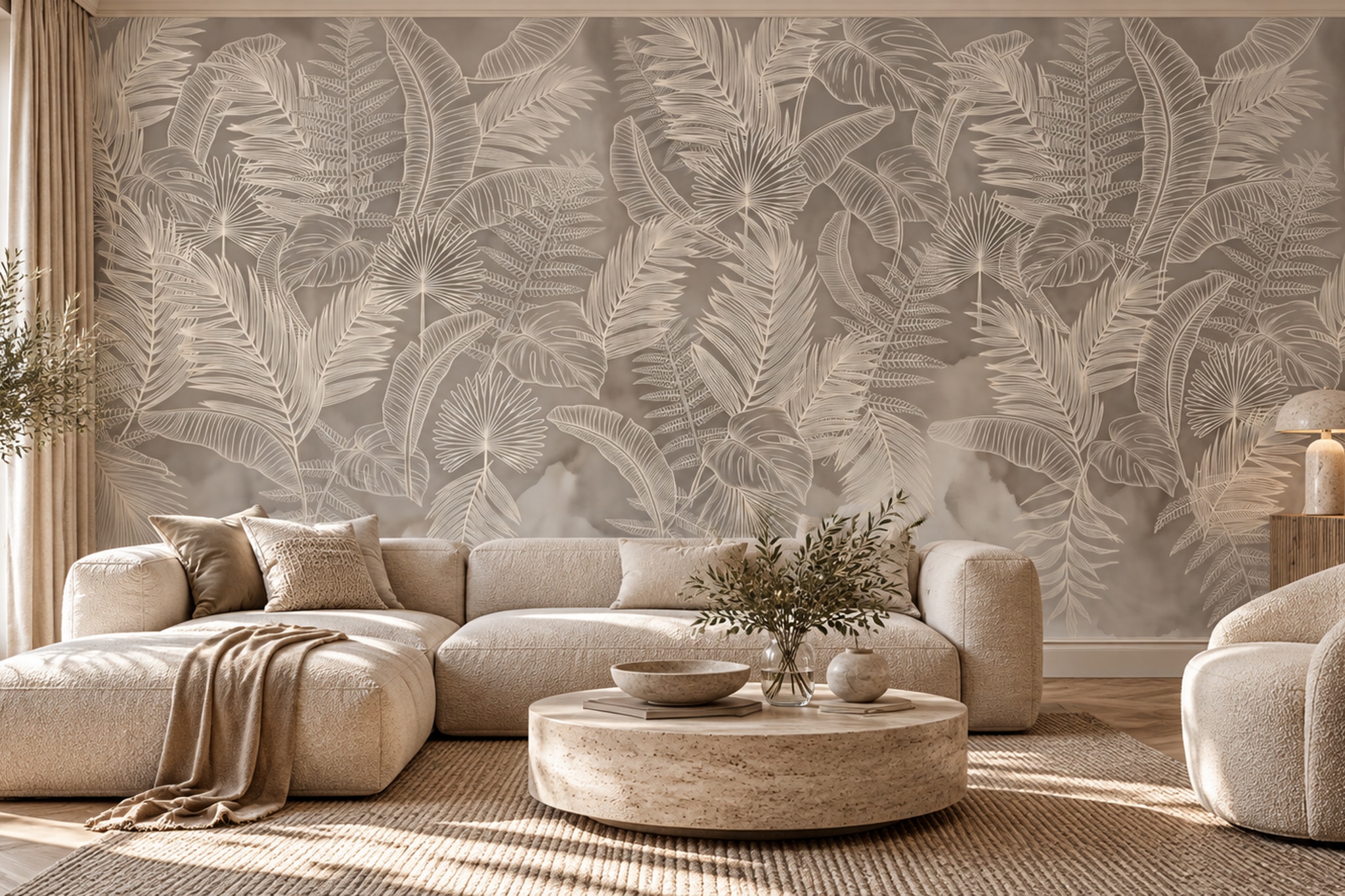 Beige Leaf Botanical Painterly Wallpaper Mural Bedroom-wallpaper-murals, Peel-and-stick Finish