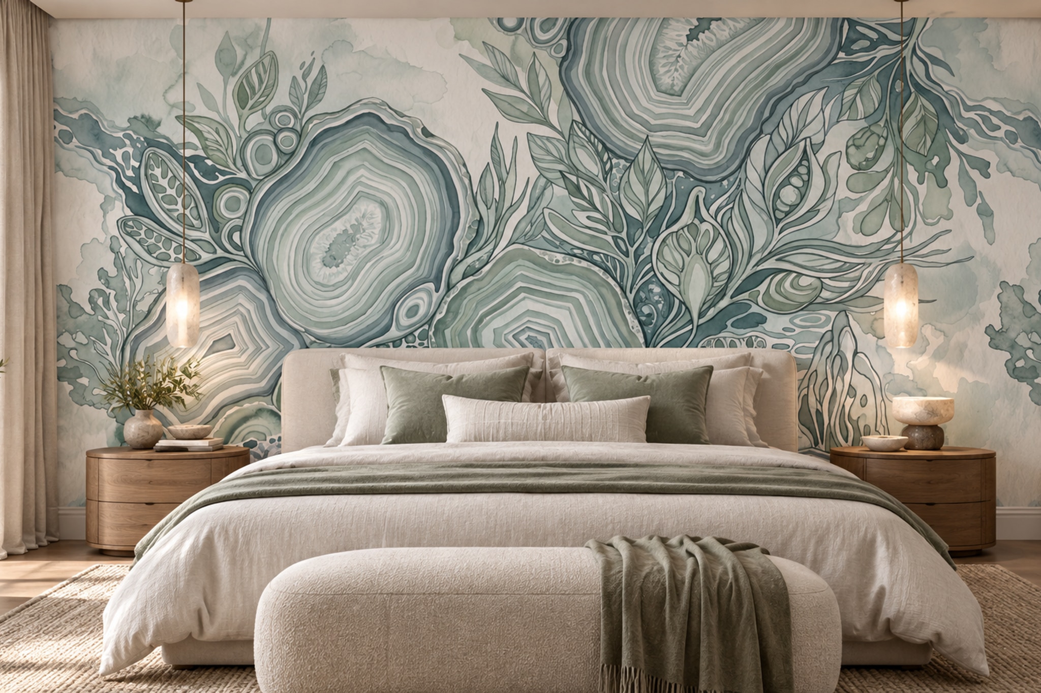 Sage Fluid Artful Wallpaper Mural Bedroom-wallpaper-murals, Peel-and-stick Finish