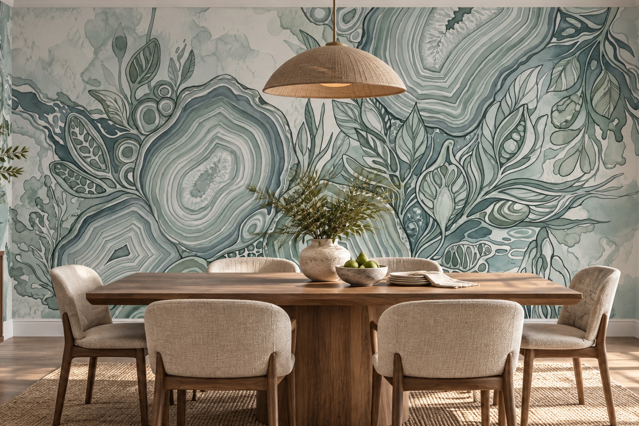 Sage Fluid Artful Wallpaper Mural Dining-room-wallpaper-murals, Shown In A Dining Room, Peel-and-stick Finish