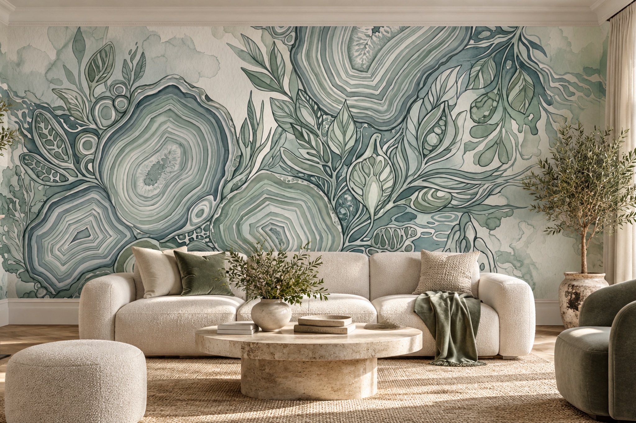 Sage Agate Geode And Botanical Leaf Wallpaper Mural — Wallpaper Mural Design, Peel-and-stick Finish
