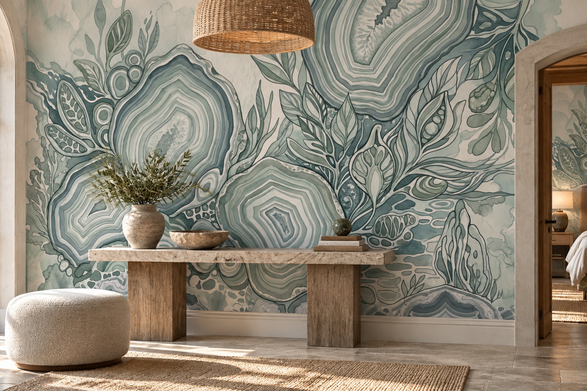 Sage Fluid Artful Wallpaper Mural Bedroom-wallpaper-murals, Peel-and-stick Finish