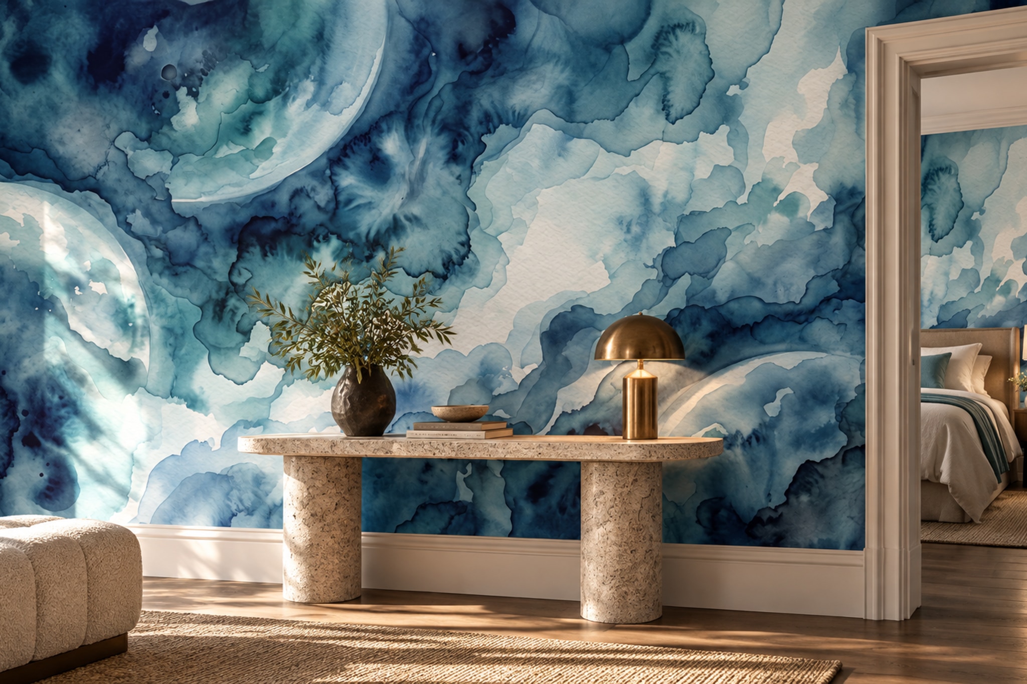 Blue Fluid Artful Painterly Wallpaper Mural Bedroom-wallpaper-murals, Peel-and-stick Finish