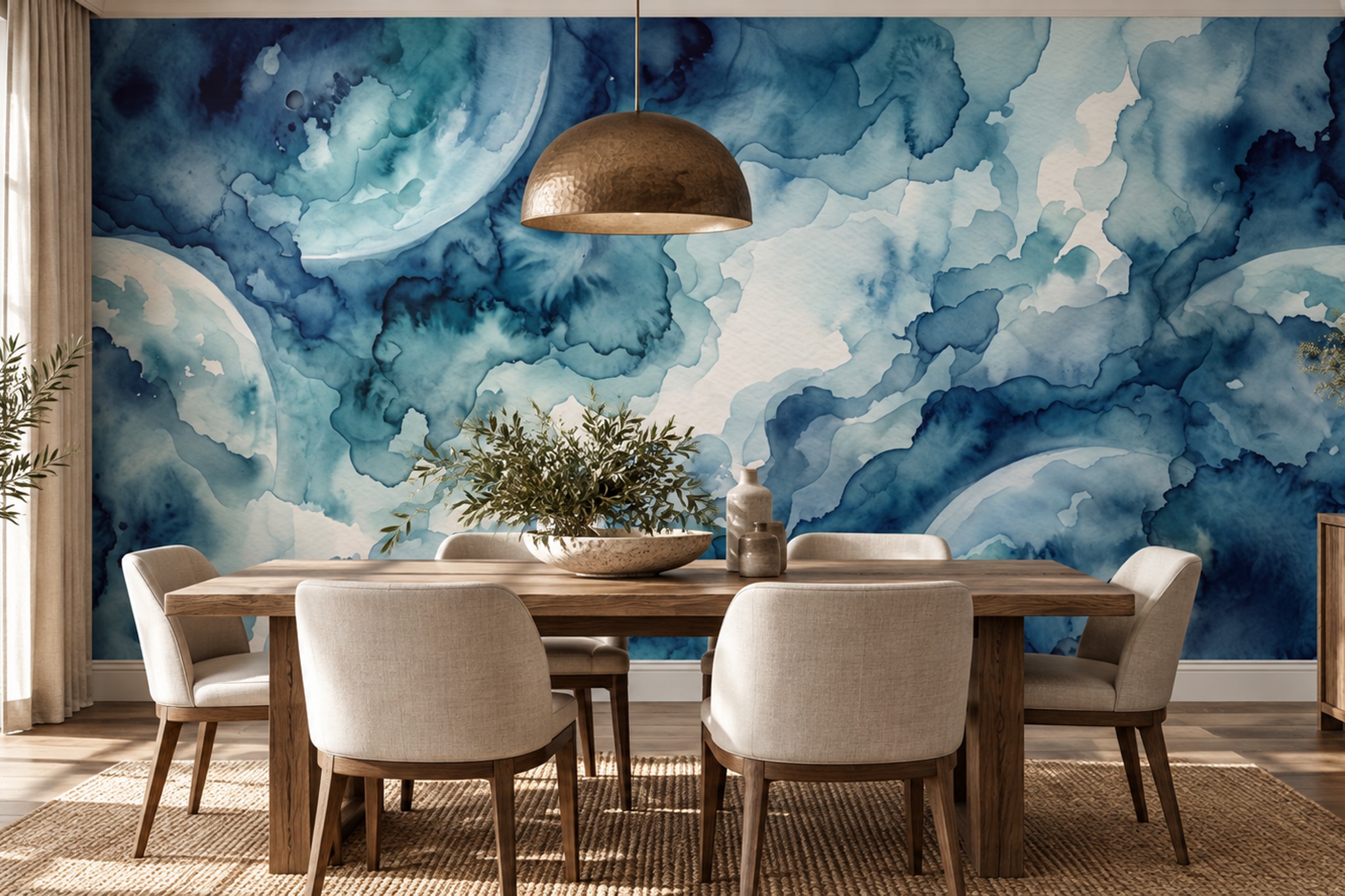 Blue Fluid Artful Painterly Wallpaper Mural Dining-room-wallpaper-murals, Shown In A Dining Room, Peel-and-stick Finish