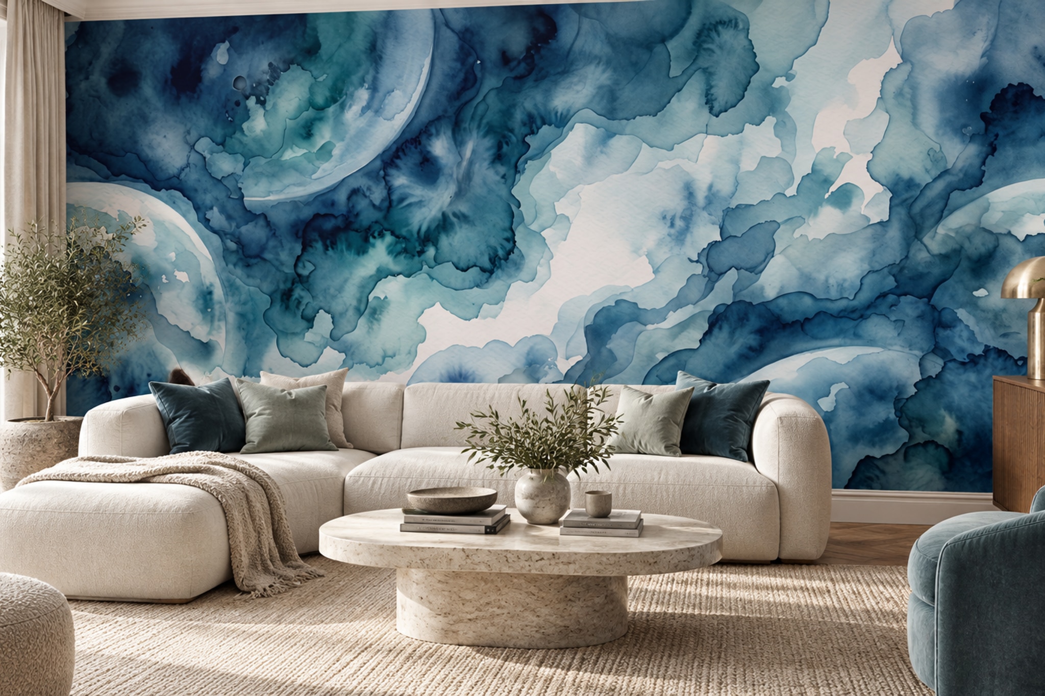 Blue Fluid Artful Painterly Wallpaper Mural Accent-wall-wallpaper-murals, Peel-and-stick Finish