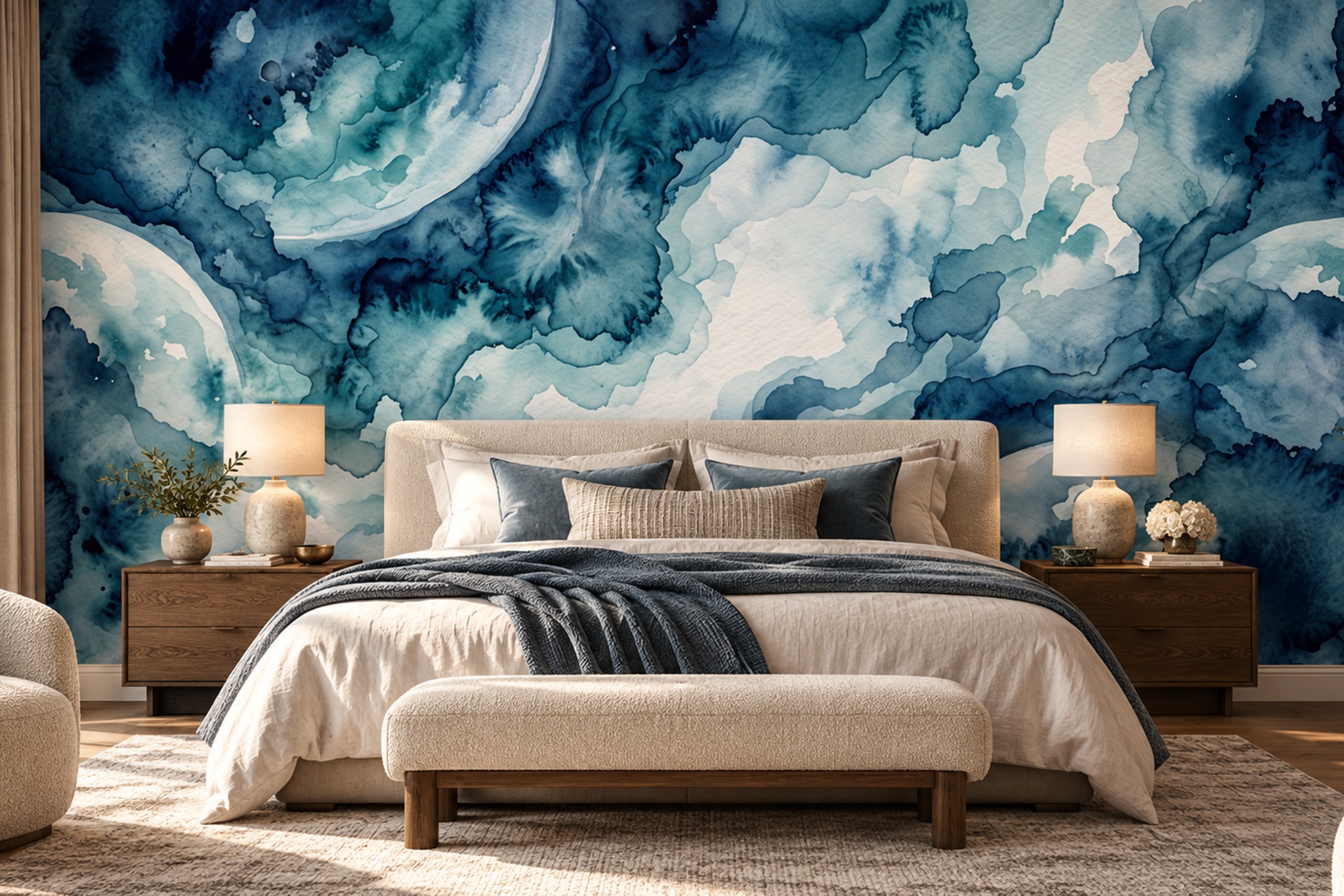 Blue Fluid Artful Painterly Wallpaper Mural Bedroom-wallpaper-murals, Peel-and-stick Finish