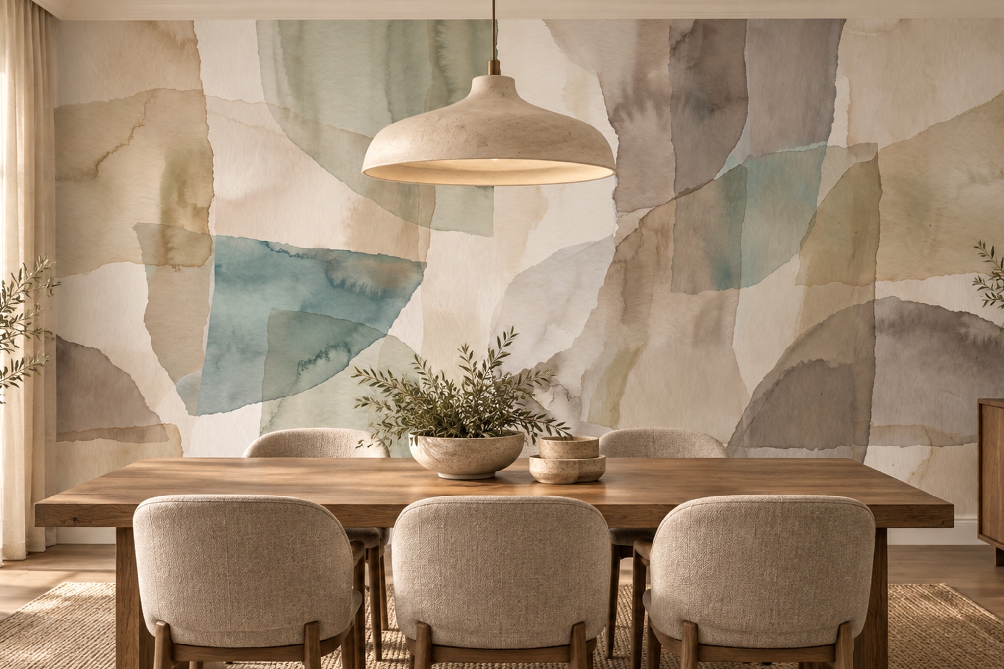 Beige Shaped Abstract Decorative Wallpaper Mural Dining-room-wallpaper-murals, Shown In A Dining Room, Peel-and-stick Finish