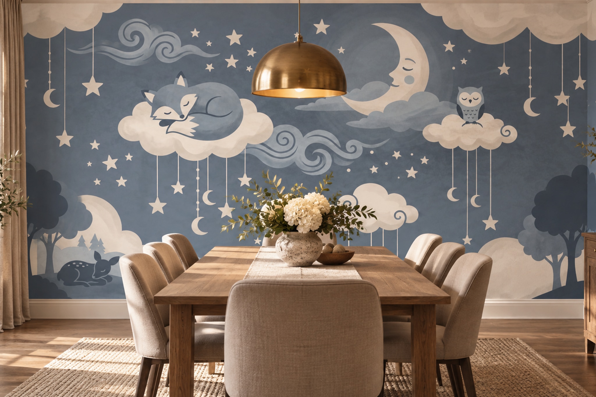 Grey Pattern Decorative Wallpaper Mural Layered Leaves Wallpaper Mural Dining-room-wallpaper-murals, Shown In A Dining Room, Peel-and-stick Finish