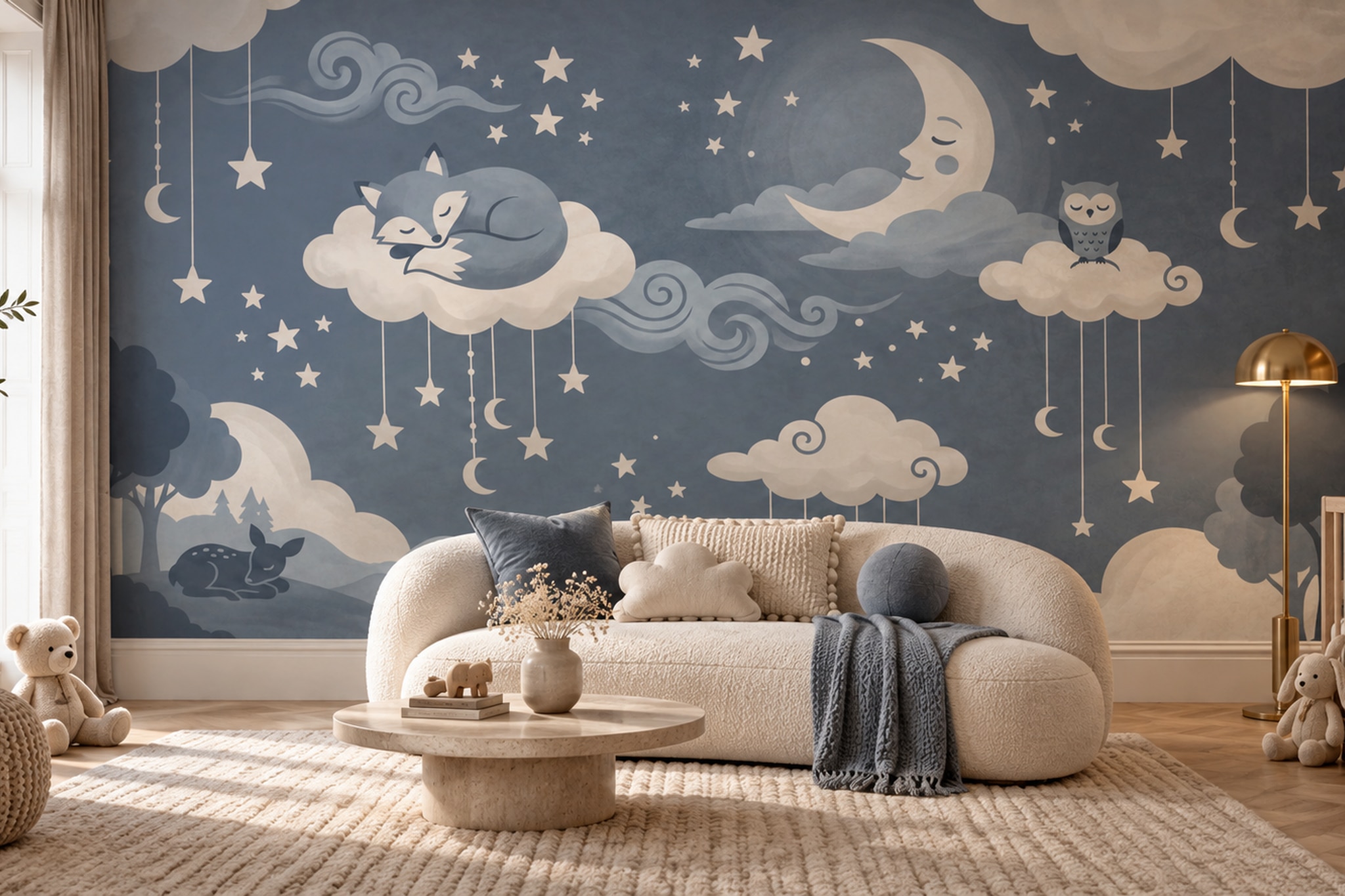 Sleeping Bear Moon And Stars Wallpaper Mural — Wallpaper Mural Design, Peel-and-stick Finish