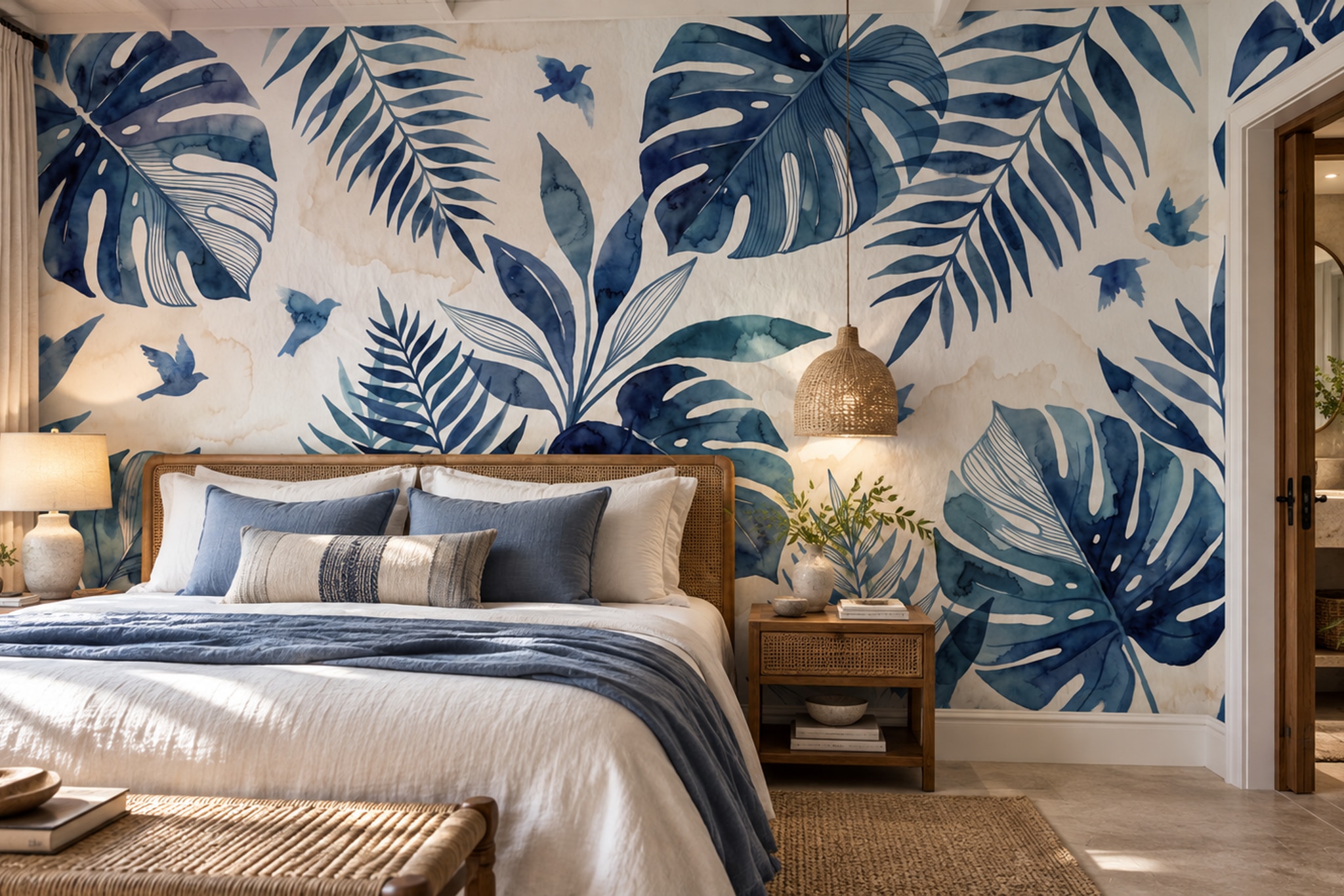 Blue Leaf Botanical Wallpaper Mural Bedroom-wallpaper-murals, Peel-and-stick Finish